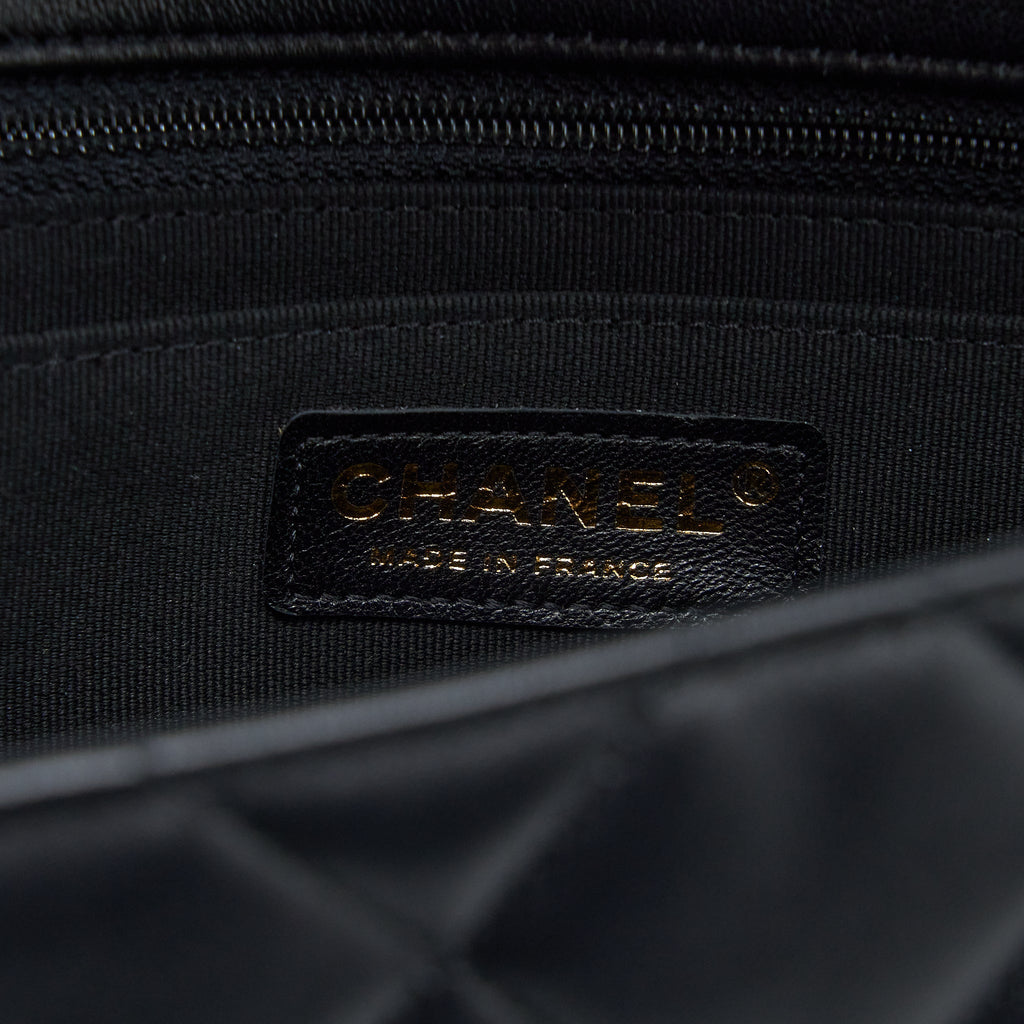 CHANEL QUILTED DETAILED LOGO FLAP BAG LAMBSKIN BLACK GHW (MICROCHIP)