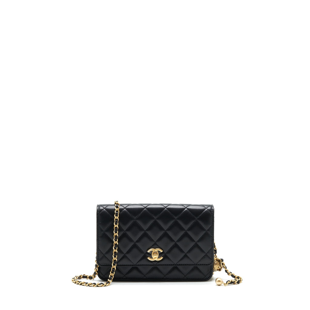 CHANEL PEARL CRUSH WALLET ON CHAIN LAMBSKIN BLACK GHW (MICROCHIP)
