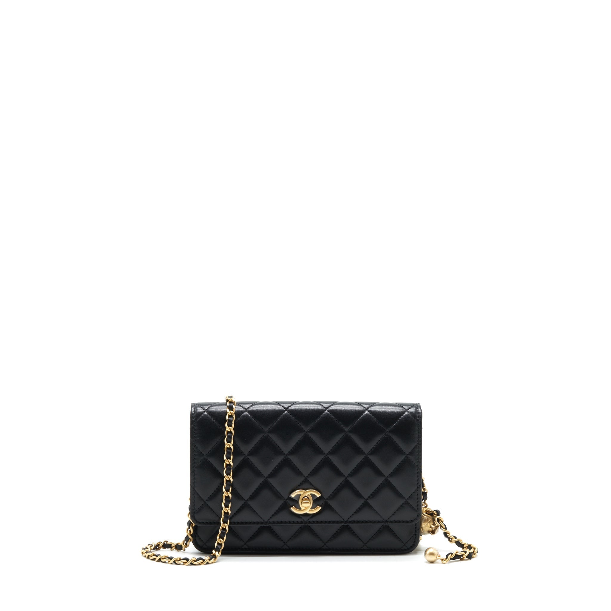 CHANEL PEARL CRUSH WALLET ON CHAIN LAMBSKIN BLACK GHW (MICROCHIP)
