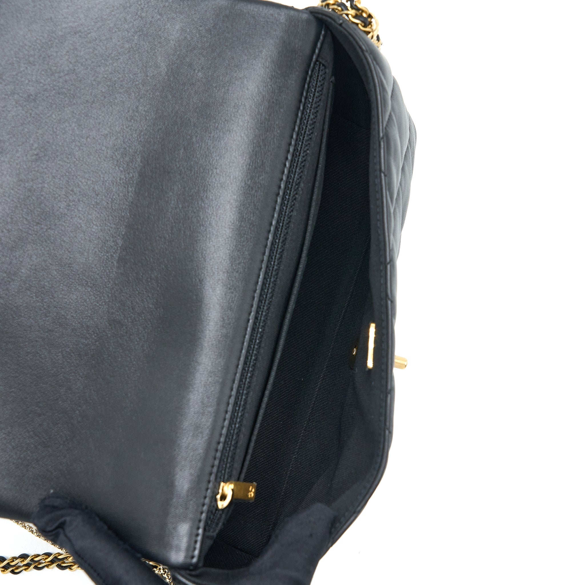 CHANEL QUILTED DETAILED LOGO FLAP BAG LAMBSKIN BLACK GHW (MICROCHIP)