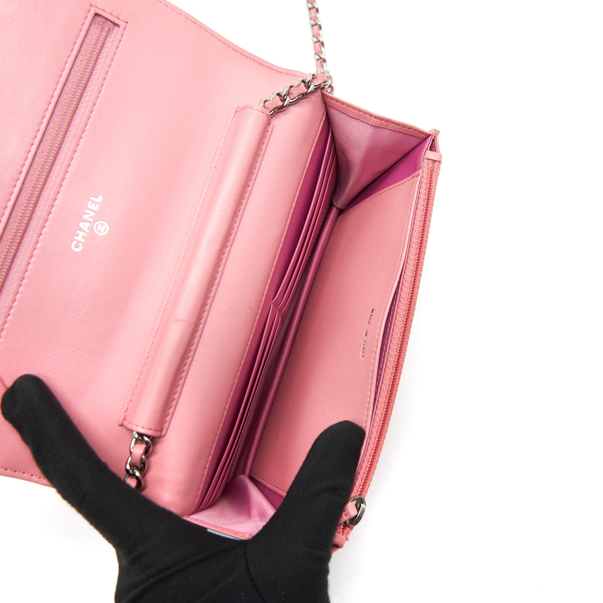 CHANEL CAMELIA WALLET ON CHAIN PINK SHW
