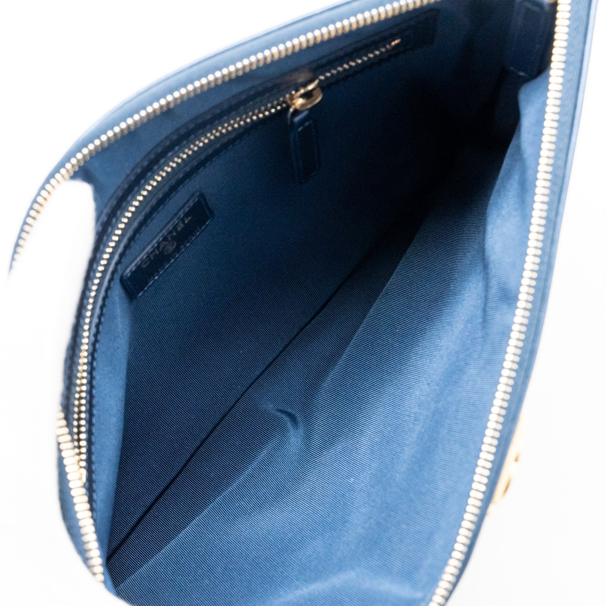 CHANEL BOY CLUTCH CALFSKIN PEARLY BLUE GHW