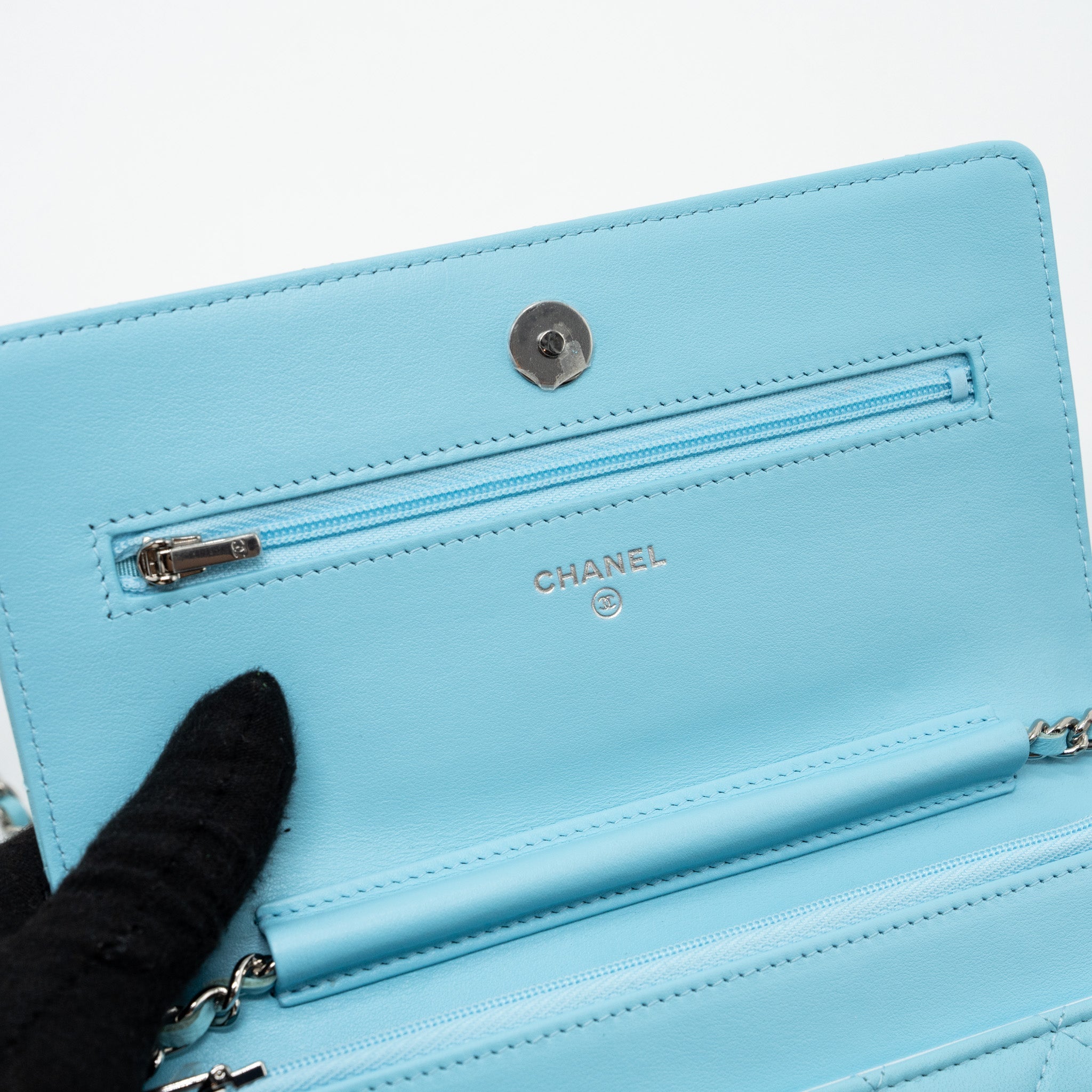 CHANEL CLASSIC WALLET ON CHAIN LAMBSKIN LIGHT BLUE SHW