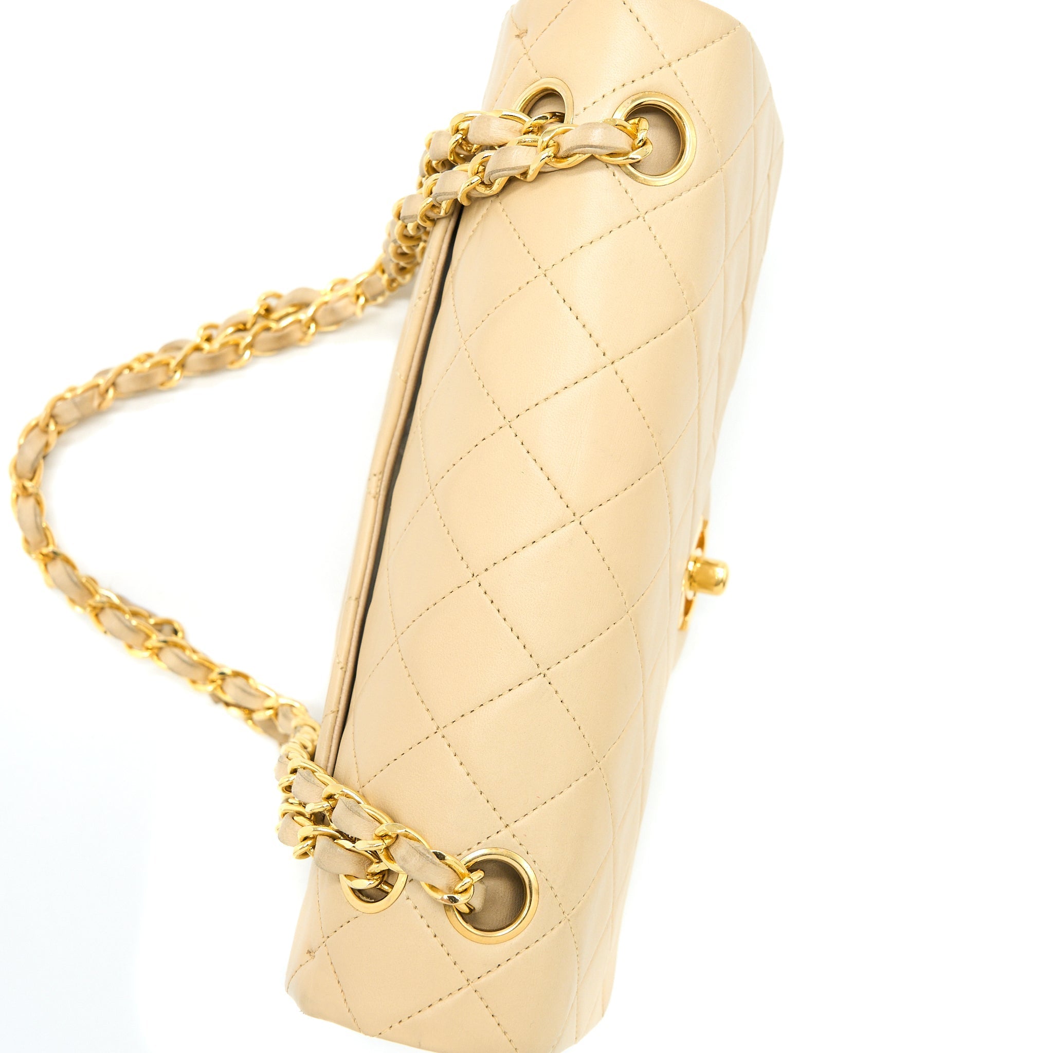 CHANEL VINTAGE SMALL CLASSIC DOUBLE FLAP BAG LAMBSKIN BEIGE GHW