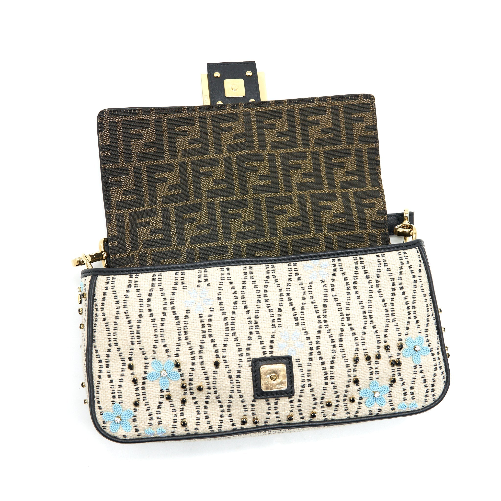 FENDI BAGUETTE ICONIC MEDIUM WHITE RAFFIA BAG MULTICOLOR