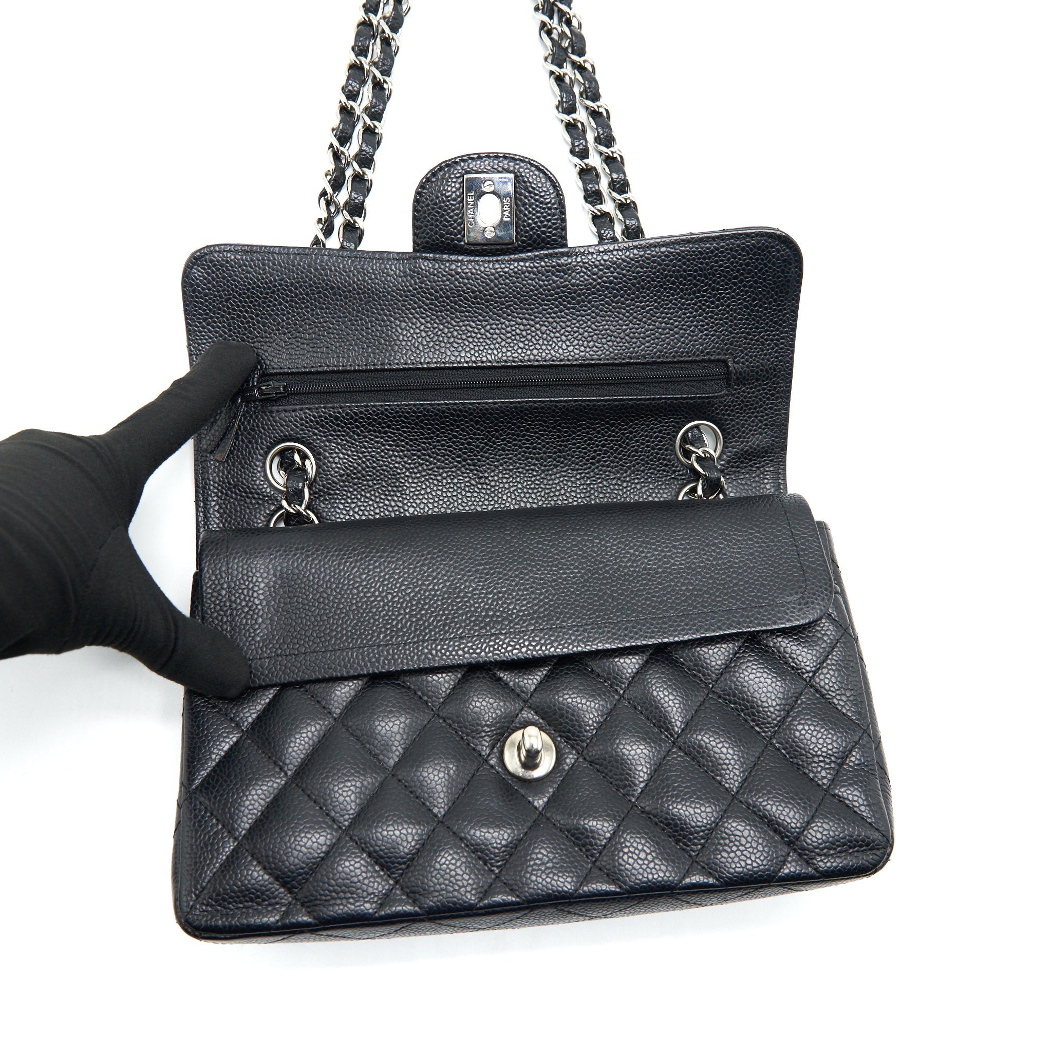 CHANEL SMALL CLASSIC DOUBLE FLAP BAG BLACK CAVIAR SHW