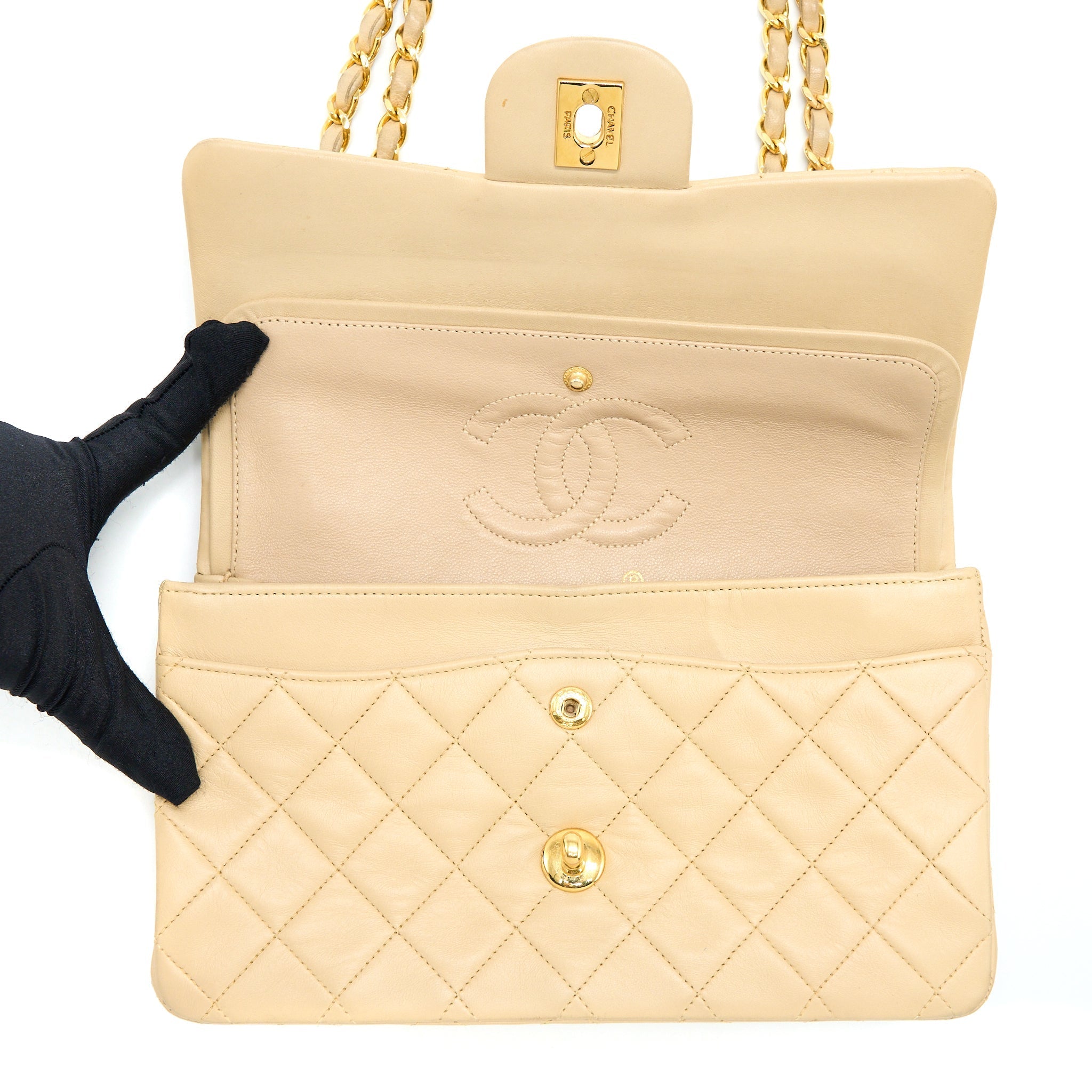 CHANEL VINTAGE SMALL CLASSIC DOUBLE FLAP BAG LAMBSKIN BEIGE GHW
