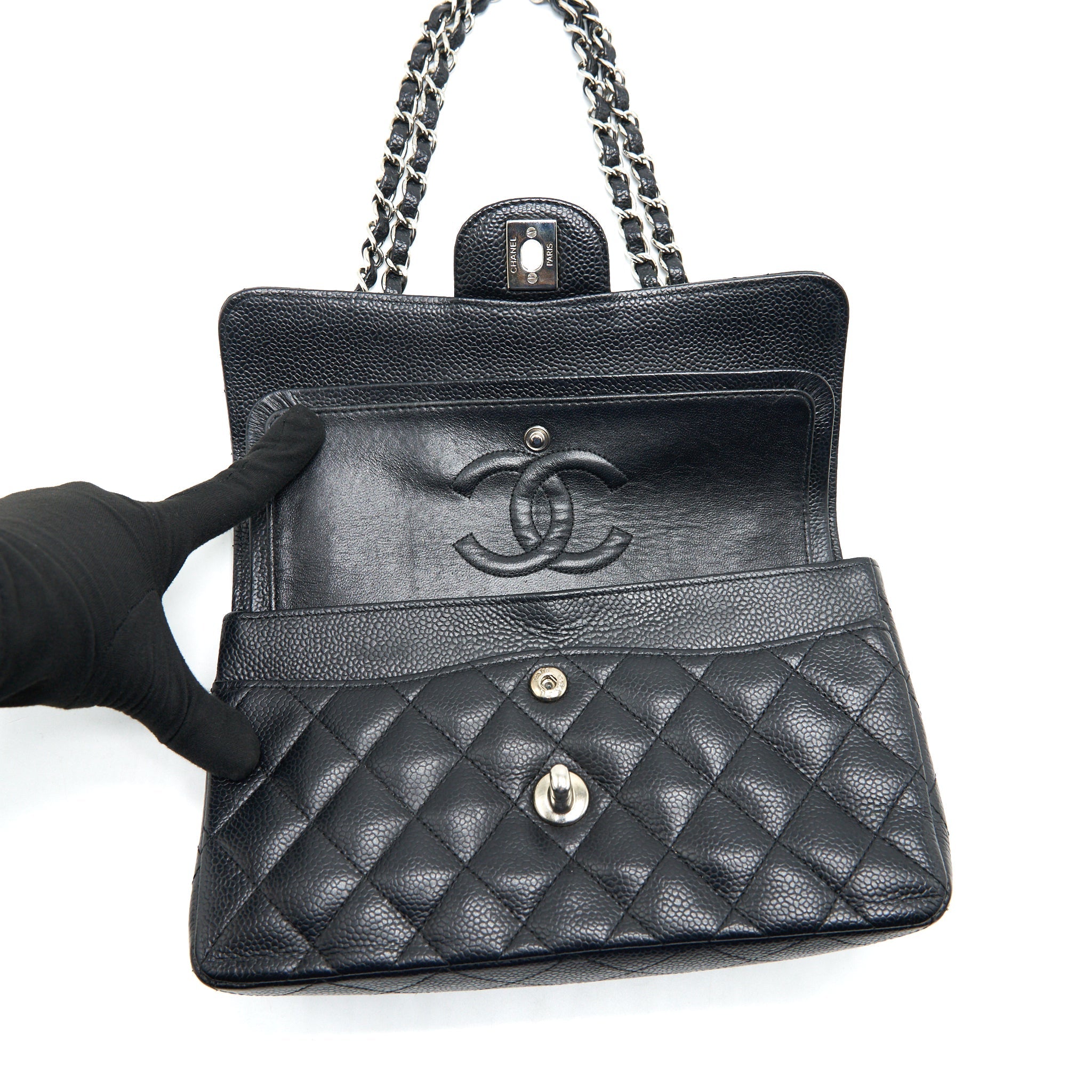 CHANEL SMALL CLASSIC DOUBLE FLAP BAG BLACK CAVIAR SHW