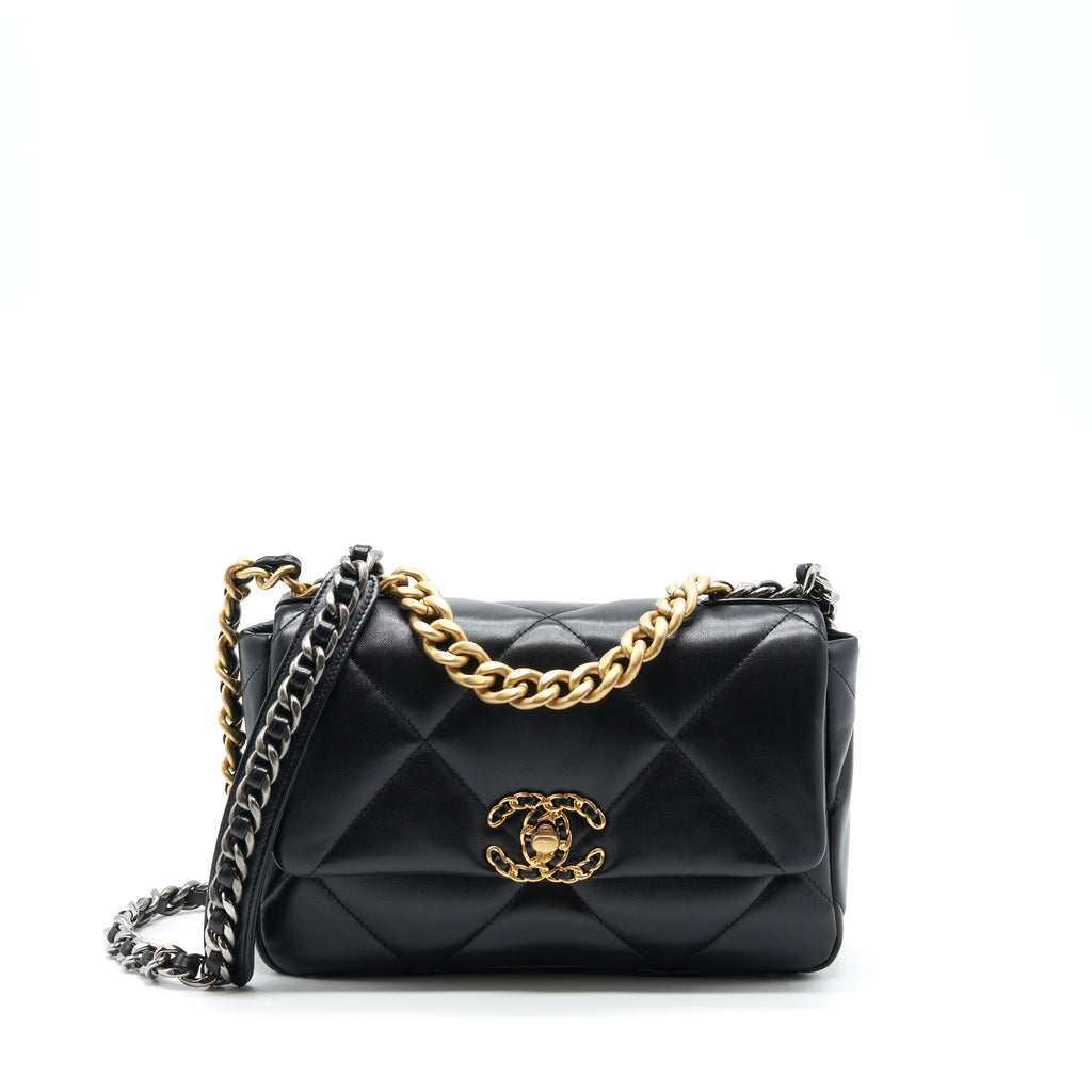 CHANEL SMALL 19 BAG LAMBSKIN BLACK WITH MULTICOLOUR HARDWARE (MICROCHIP)