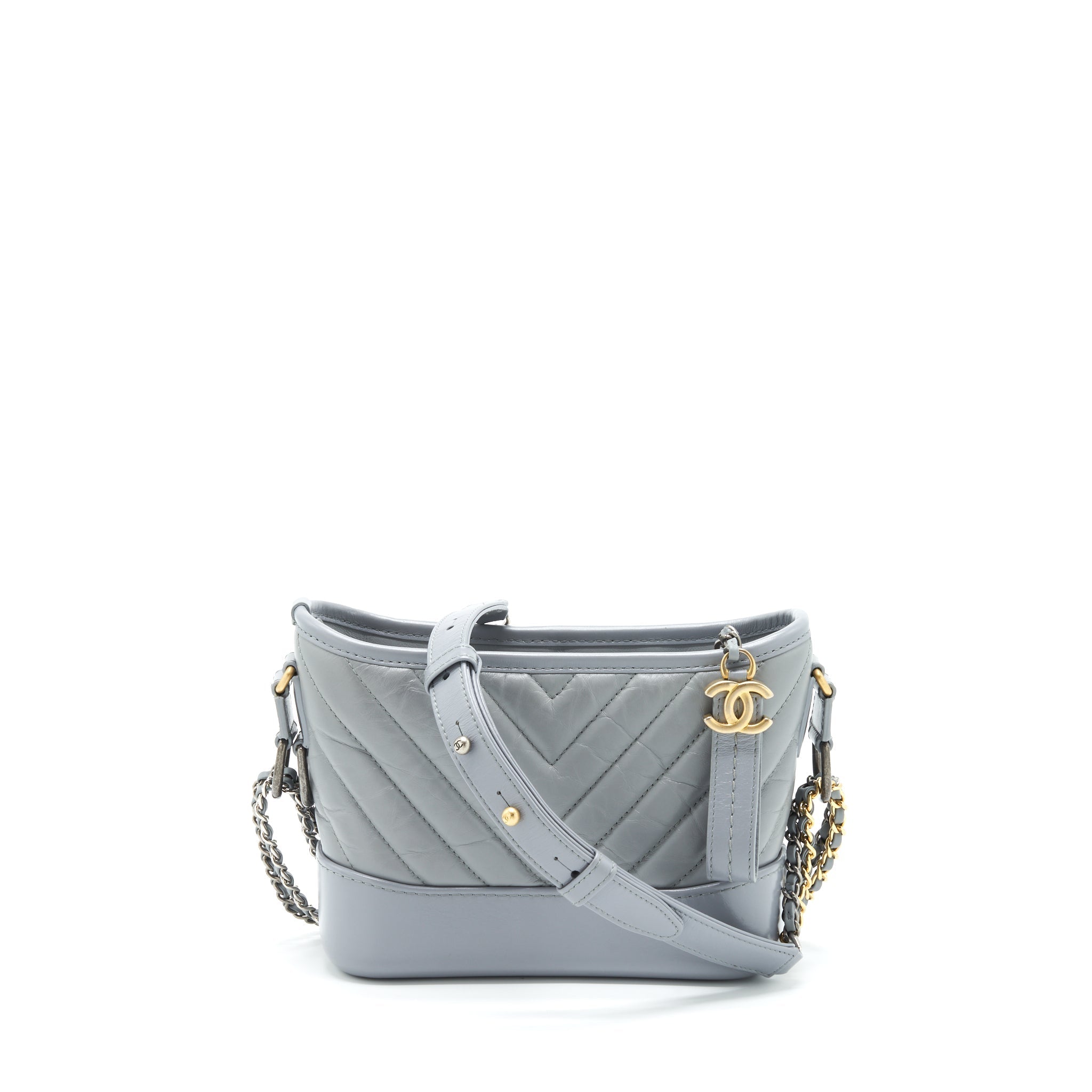 CHANEL SMALL GABRIELLE HOBO BAG CHEVRON AGED CALFSKIN RUTHENIUM GOLD/SILVER HARDWARE