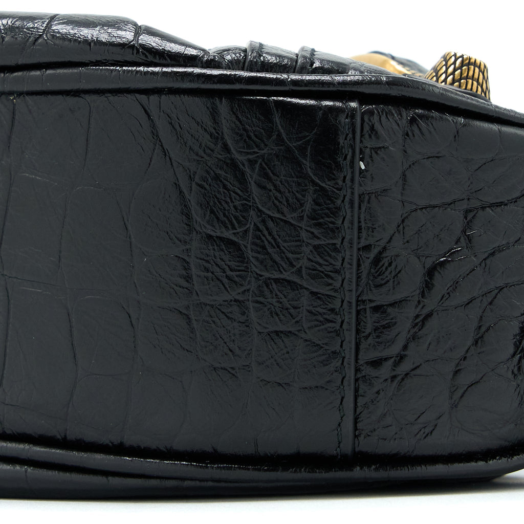 BALENCIAGA LE CAGOLE XS SHOULDER BAG CROC-EMBOSSED CALFSKIN BLACK AGED-GOLD HARDWARE