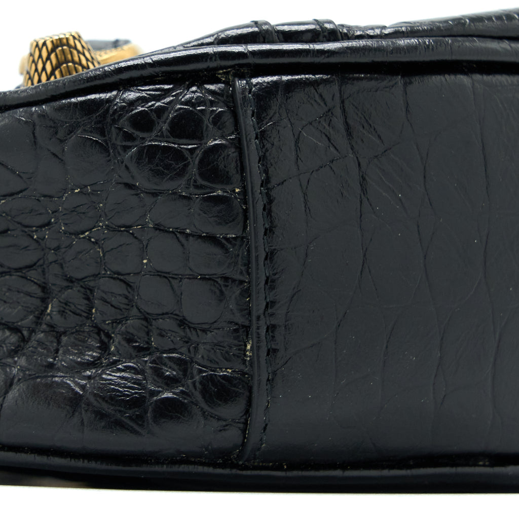 BALENCIAGA LE CAGOLE XS SHOULDER BAG CROC-EMBOSSED CALFSKIN BLACK AGED-GOLD HARDWARE
