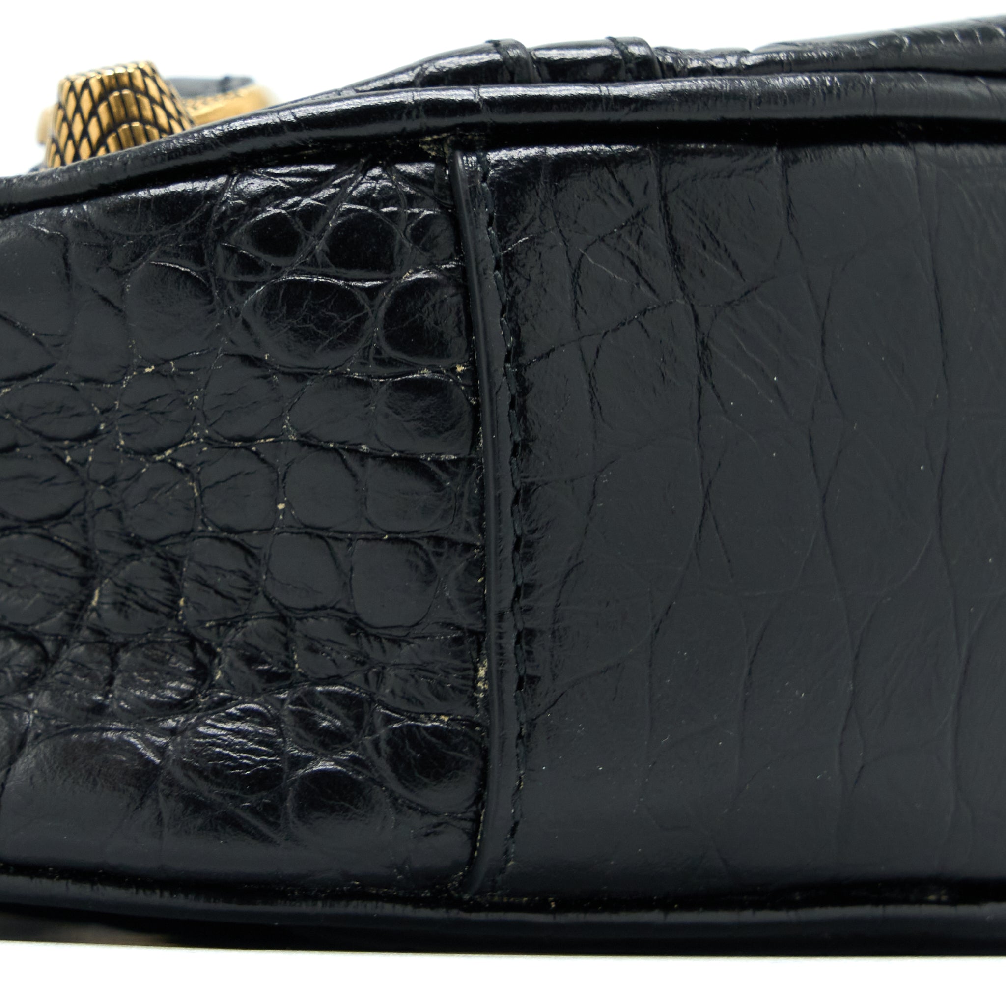 BALENCIAGA LE CAGOLE XS SHOULDER BAG CROC-EMBOSSED CALFSKIN BLACK AGED-GOLD HARDWARE