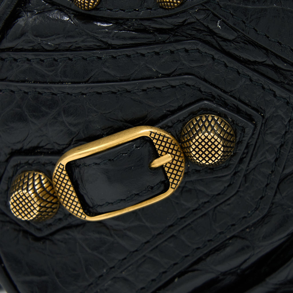 BALENCIAGA LE CAGOLE XS SHOULDER BAG CROC-EMBOSSED CALFSKIN BLACK AGED-GOLD HARDWARE