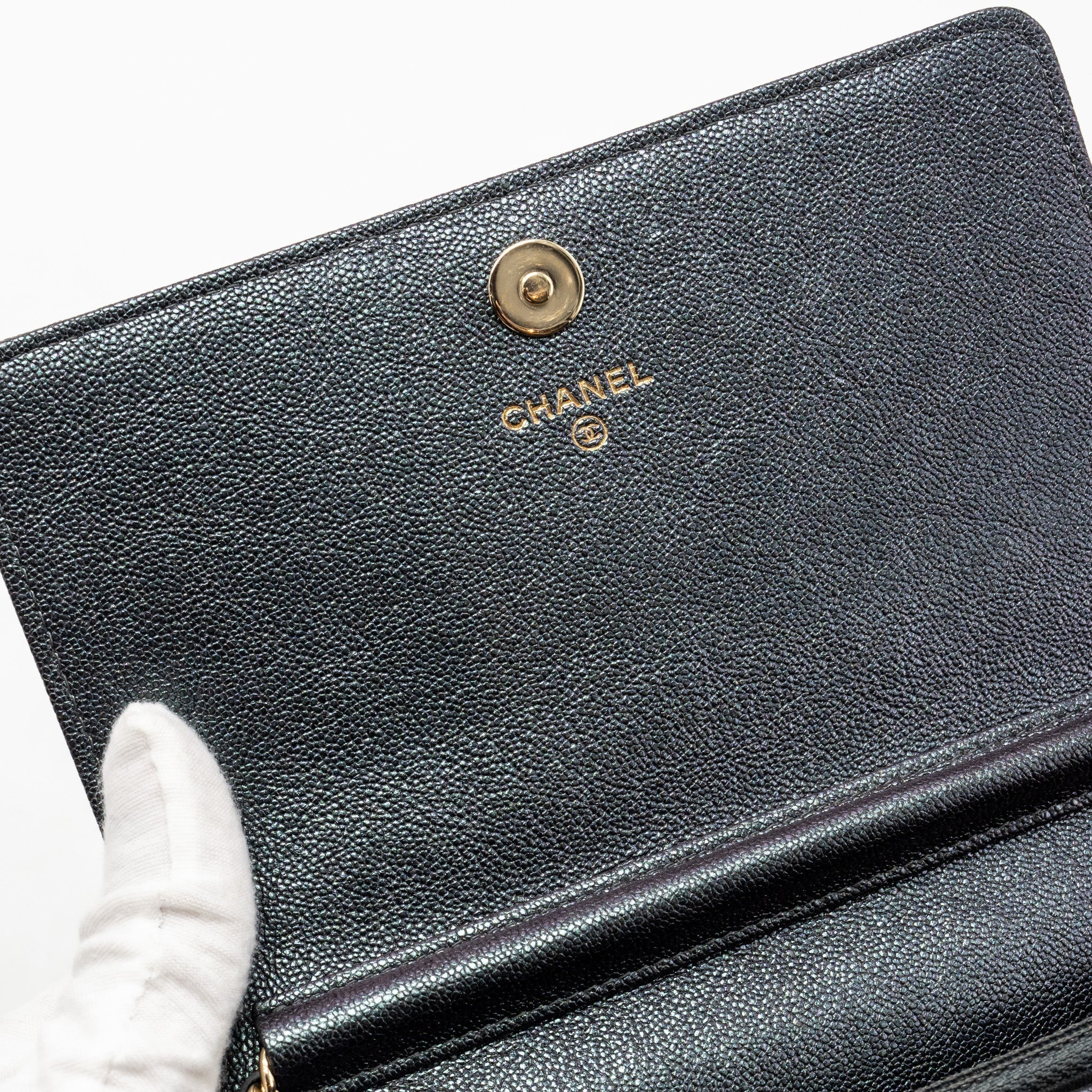 CHANEL QUILTED SQUARE WALLET WITH CHAIN CAVIAR IRIDESCENT BLACK LGHW