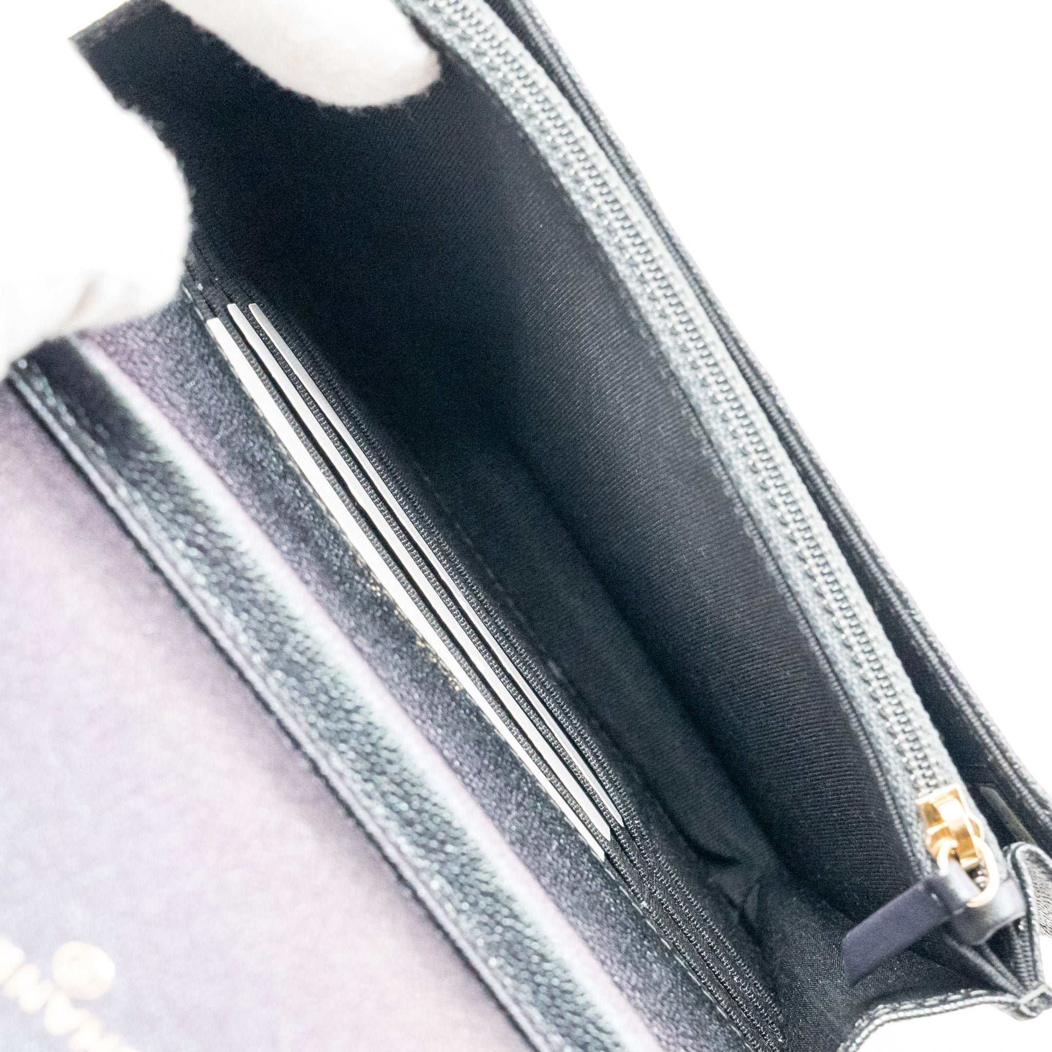 CHANEL QUILTED SQUARE WALLET WITH CHAIN CAVIAR IRIDESCENT BLACK LGHW