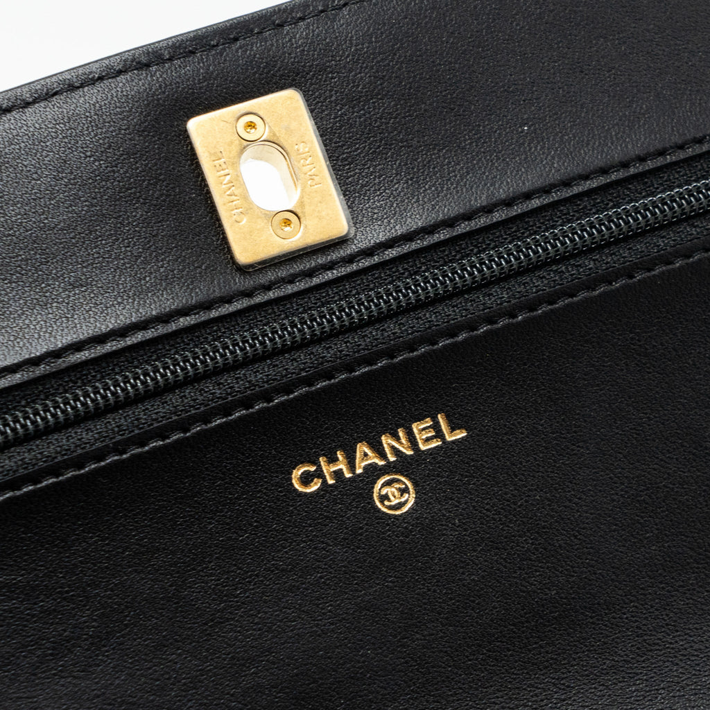 CHANEL PEARL CRUSH WALLET ON CHAIN LAMBSKIN BLACK GHW (MICROCHIP)