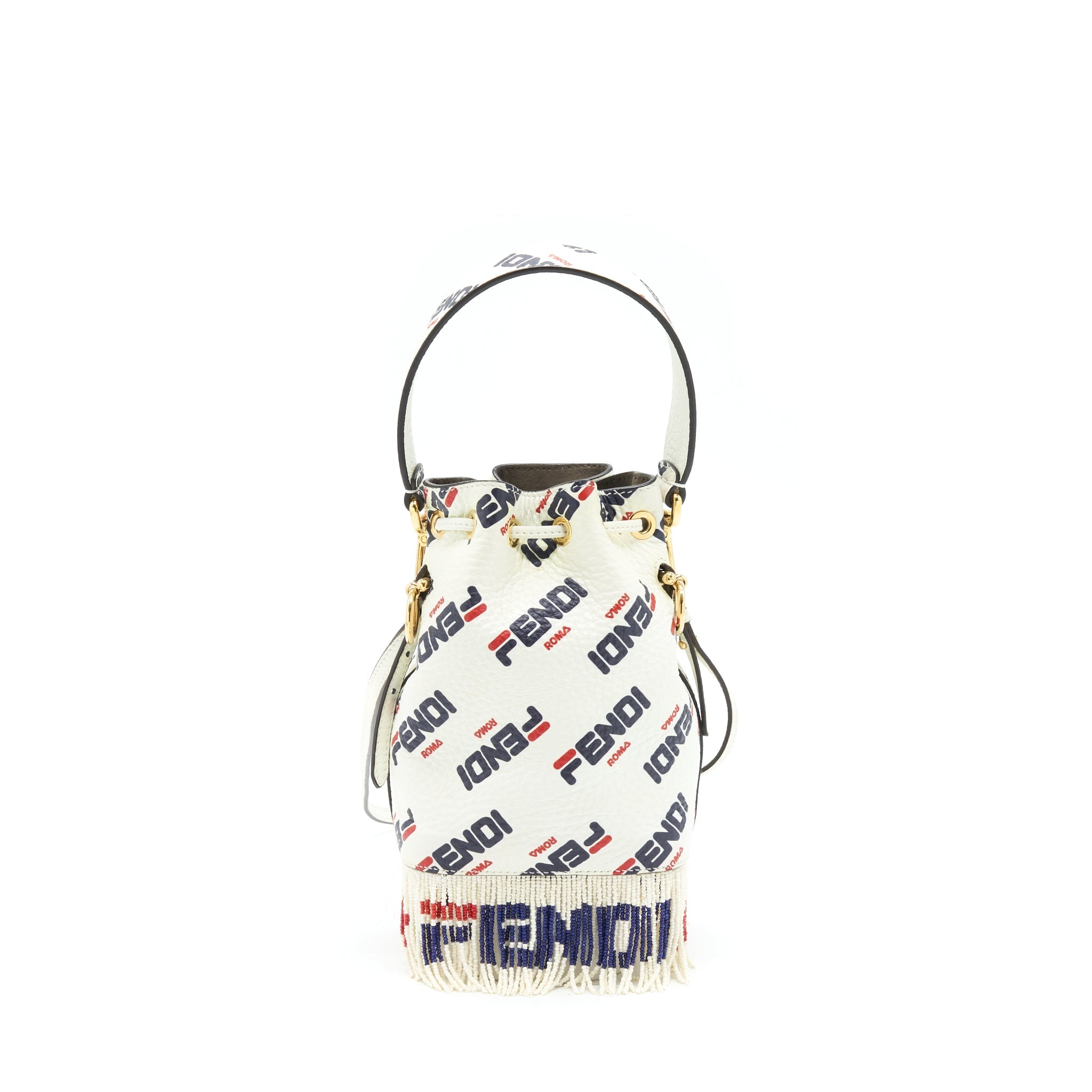 FENDI X FILA MINI LOGO MON TRESOR DRAWSTRING BUCKET BAG WHITE GHW