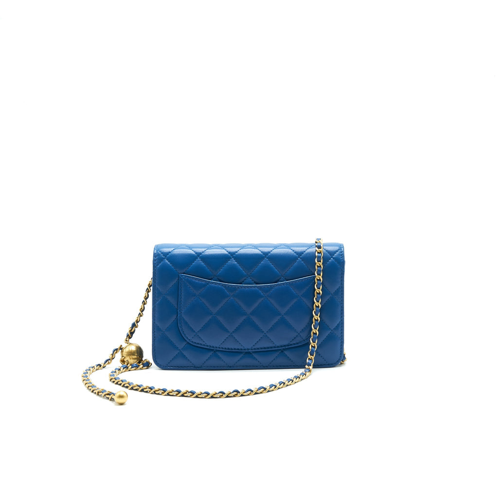 CHANEL LAMBSKIN QUILTED CC PEARL CRUSH WALLET ON CHAIN BLUE WITH GHW