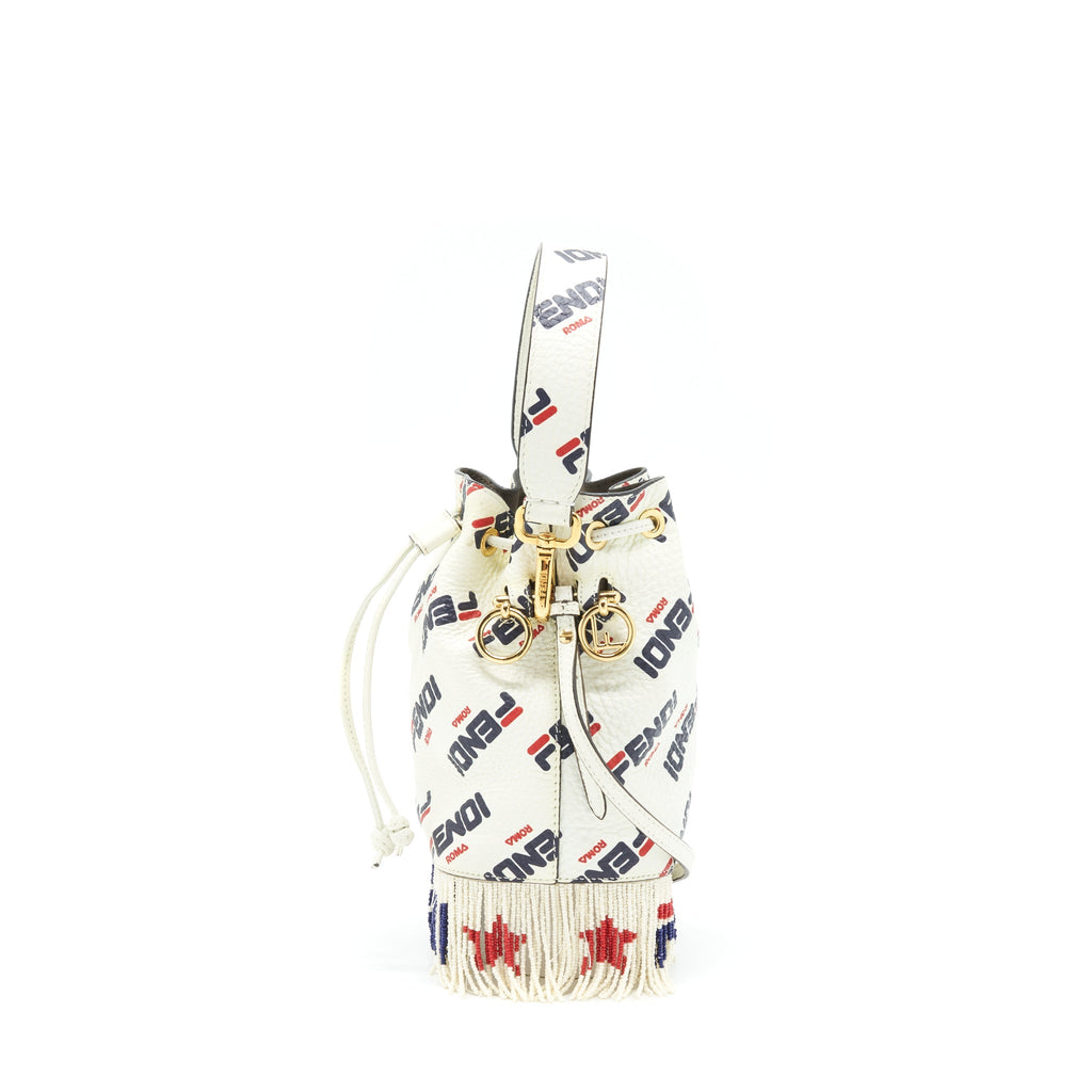 FENDI X FILA MINI LOGO MON TRESOR DRAWSTRING BUCKET BAG WHITE GHW