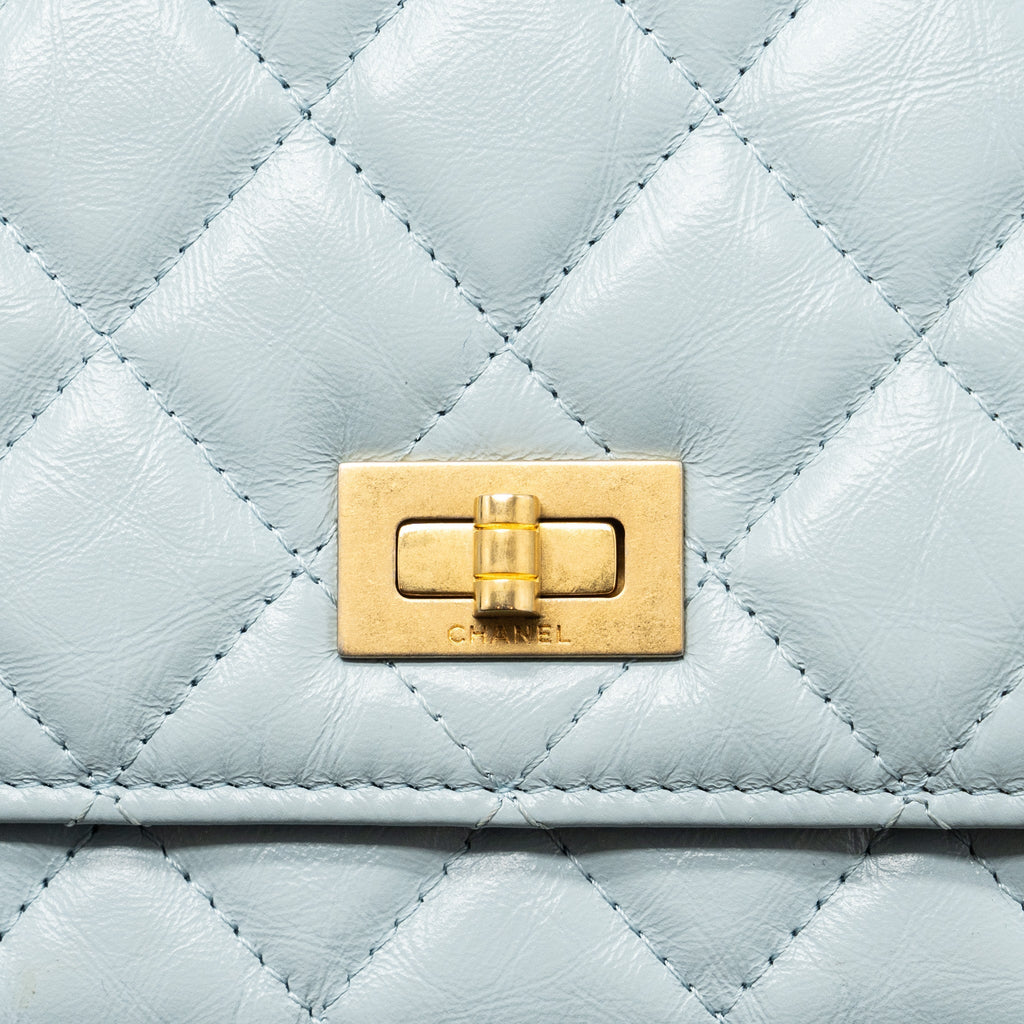 CHANEL 2.55 REISSUE WALLET ON CHAIN AGED CALFSKIN LIGHT BLUE BRUSHED GHW (MICROCHIP)