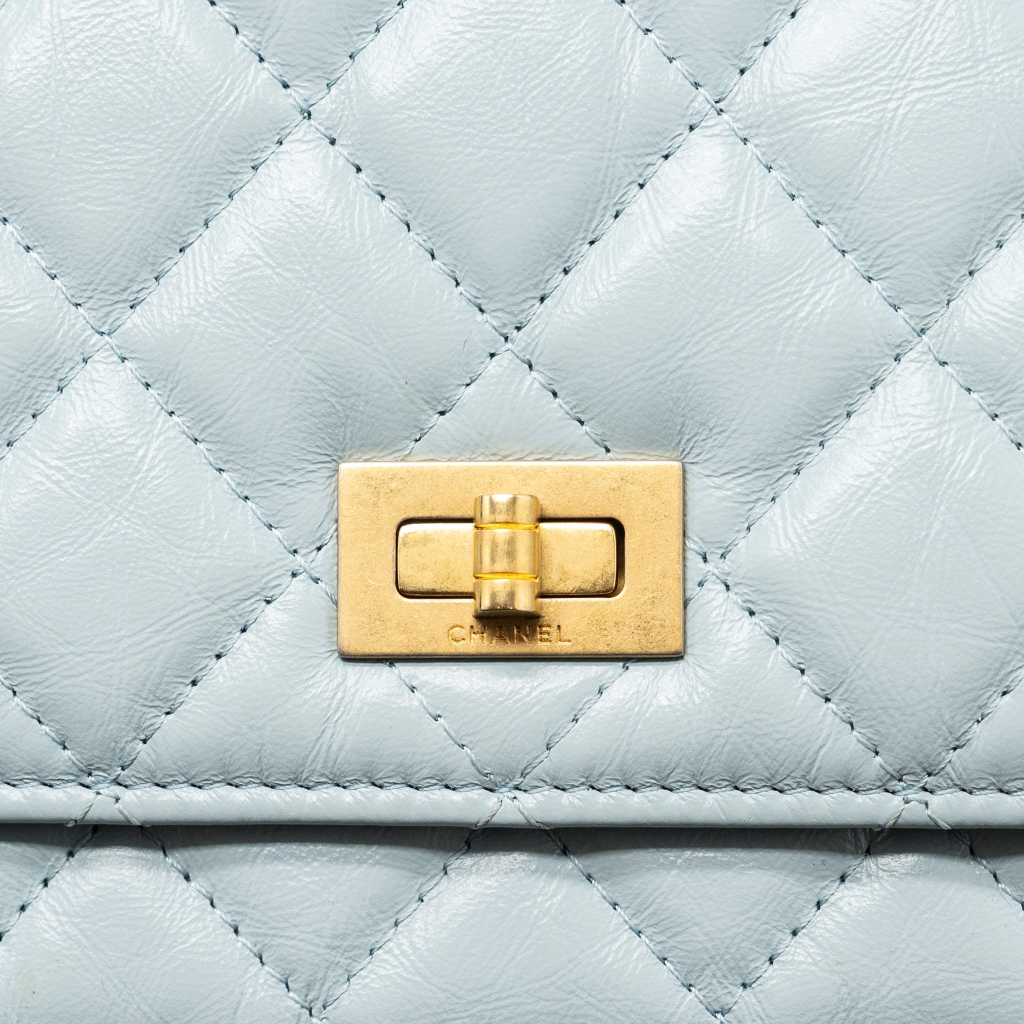 CHANEL 2.55 REISSUE WALLET ON CHAIN AGED CALFSKIN LIGHT BLUE BRUSHED GHW (MICROCHIP)