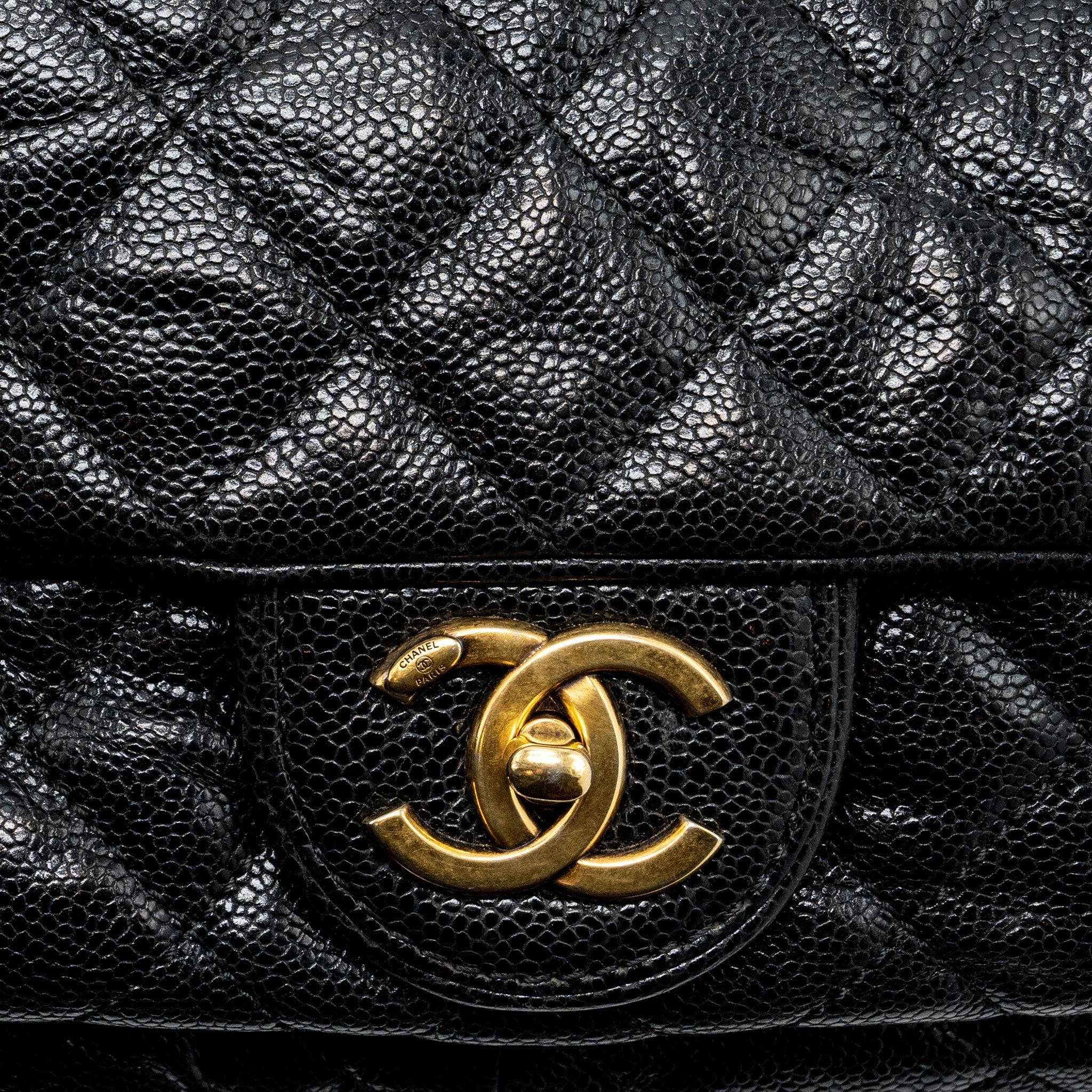 CHANEL LARGE FLAP BAG GRAINED CALFSKIN BLACK BRUSHED GHW