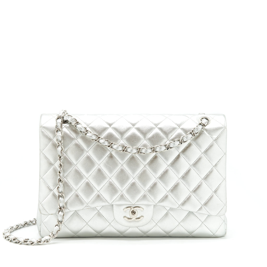 CHANEL MAXI CLASSIC DOUBLE FLAP BAG LAMBSKIN SLIVER SHW