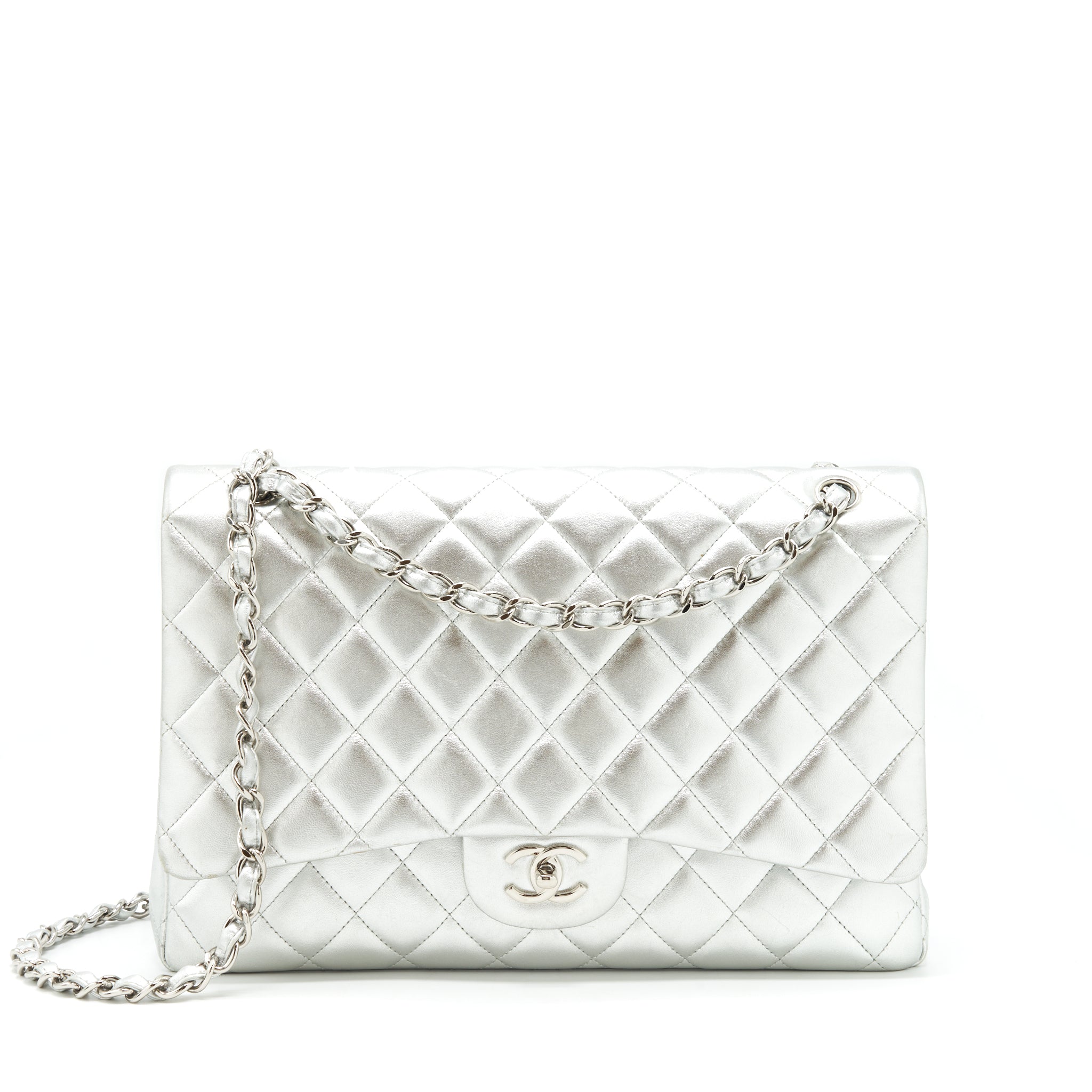CHANEL MAXI CLASSIC DOUBLE FLAP BAG LAMBSKIN SLIVER SHW