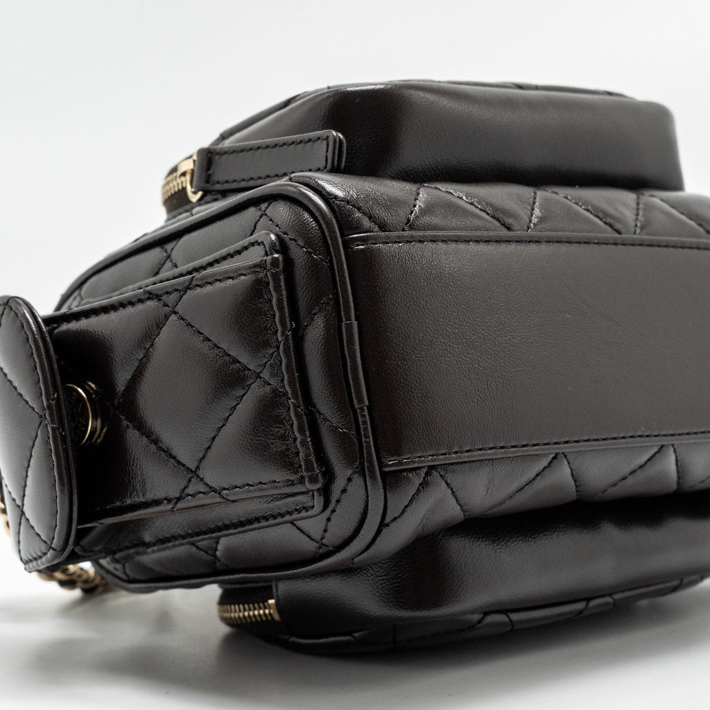 CHANEL 24K SMALL CAMERA CASE BAG SHINY CRUMPLED LAMBSKIN DARK BROWN LGHW (MICROCHIP)