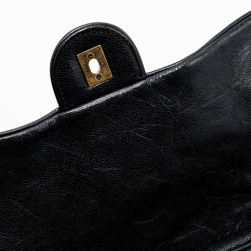 CHANEL LARGE FLAP BAG GRAINED CALFSKIN BLACK BRUSHED GHW