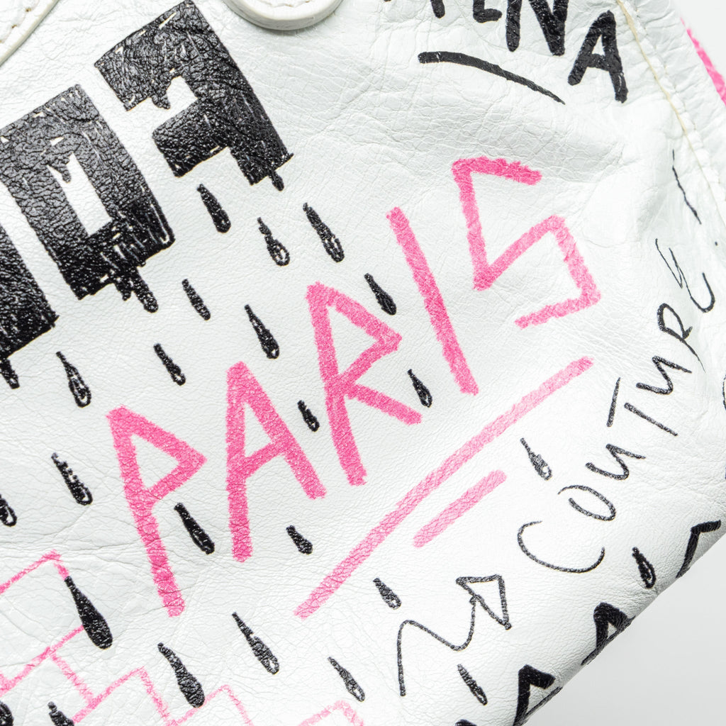 BALENCIAGA CITY GRAFFITI CLASSIC STUDS BAG LEATHER WHITE / PINK/ BLACK WITH BLACK HARDWARE
