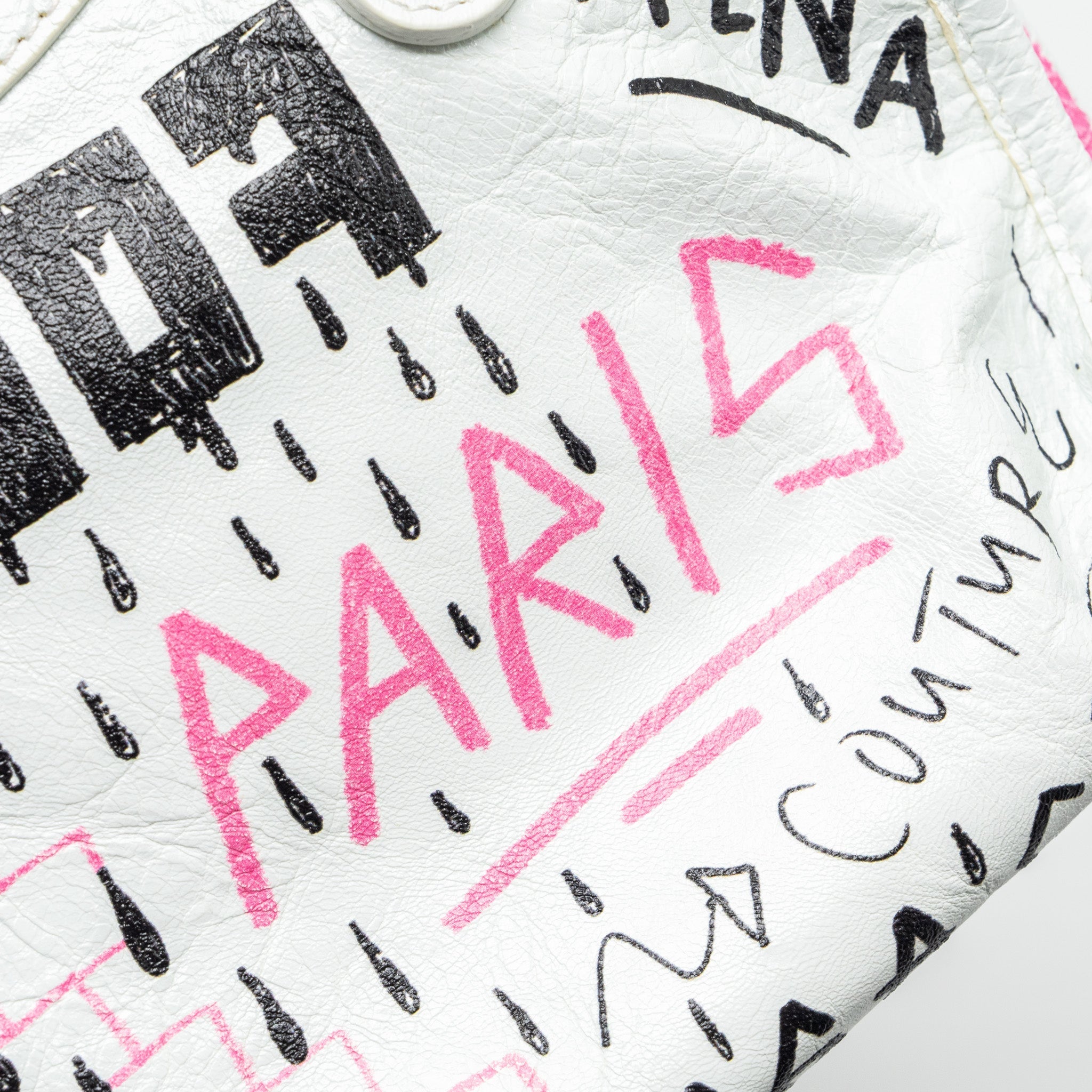 BALENCIAGA CITY GRAFFITI CLASSIC STUDS BAG LEATHER WHITE / PINK/ BLACK WITH BLACK HARDWARE
