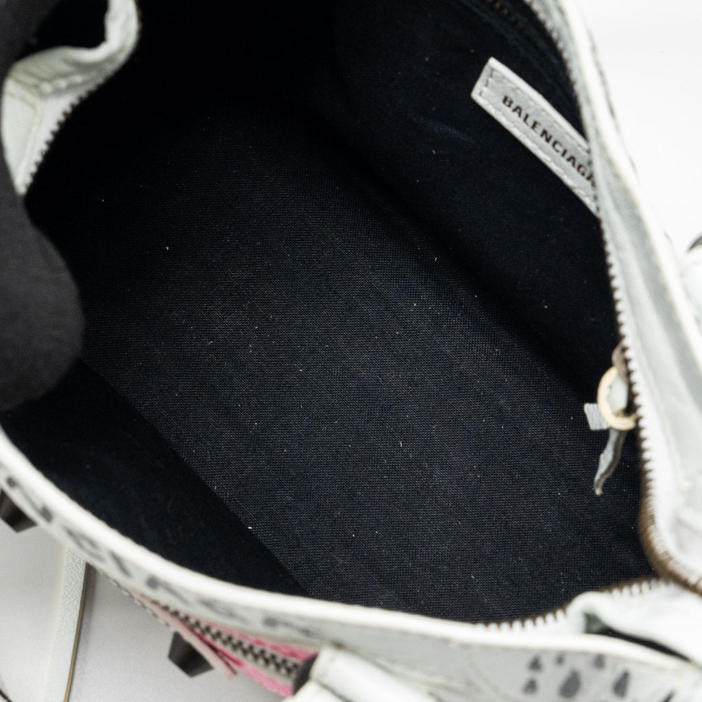 BALENCIAGA CITY GRAFFITI CLASSIC STUDS BAG LEATHER WHITE / PINK/ BLACK WITH BLACK HARDWARE