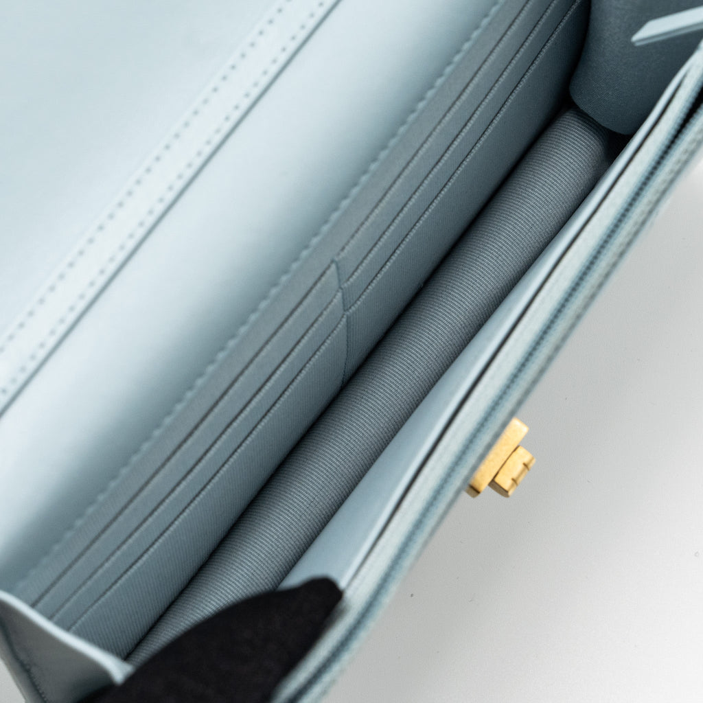 CHANEL 2.55 REISSUE WALLET ON CHAIN AGED CALFSKIN LIGHT BLUE BRUSHED GHW (MICROCHIP)