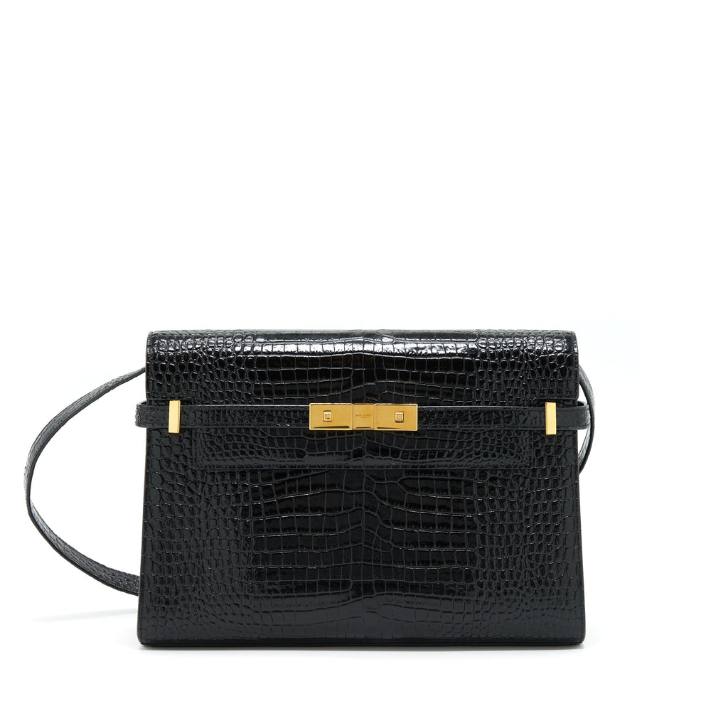 SAINT LAURENT/YSL MANHATTAN SHOULDER BAG SHINY CROC-EMBOSSED BLACK GHW