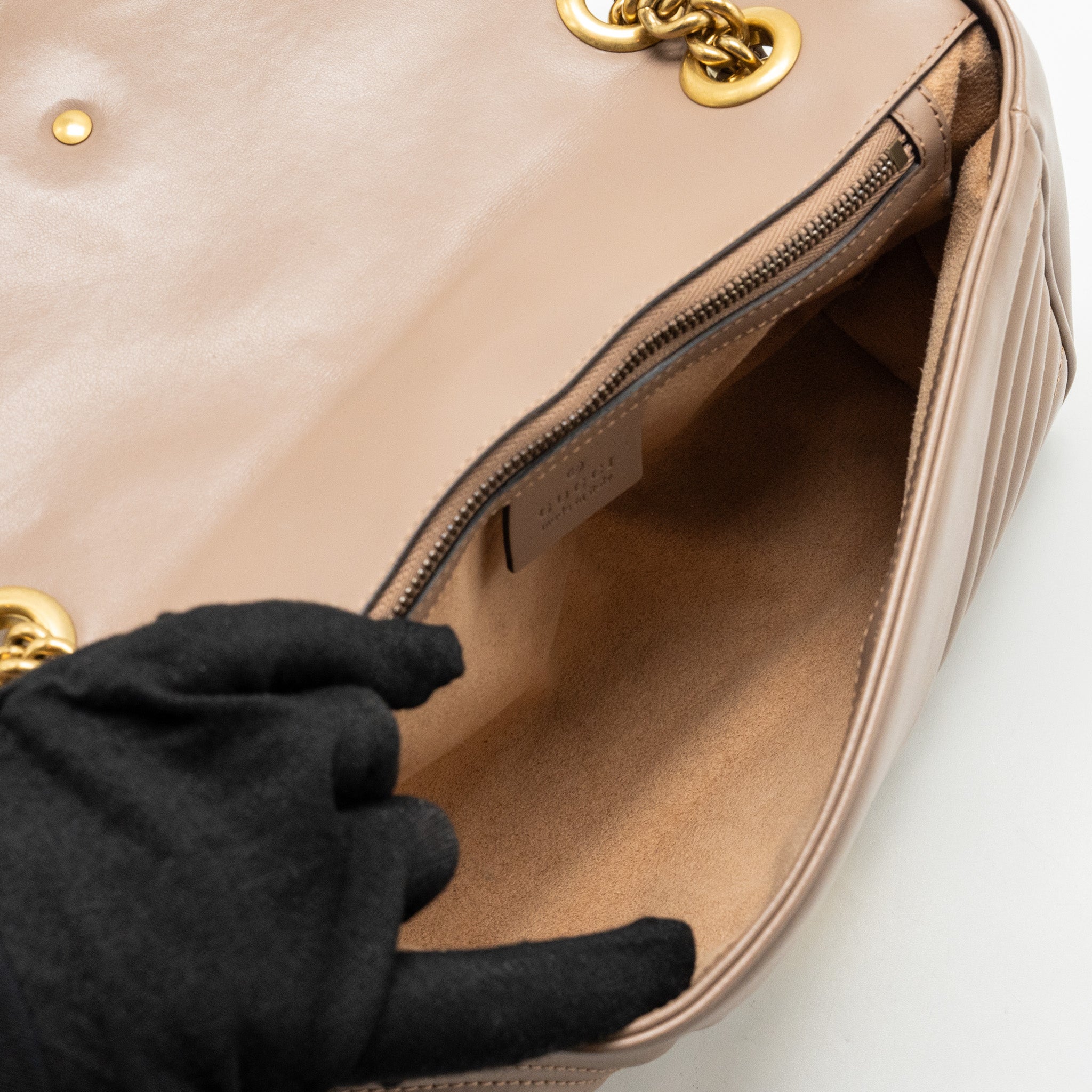 GUCCI SMALL GG MARMONT SHOULDER BAG CALFSKIN BEIGE GHW