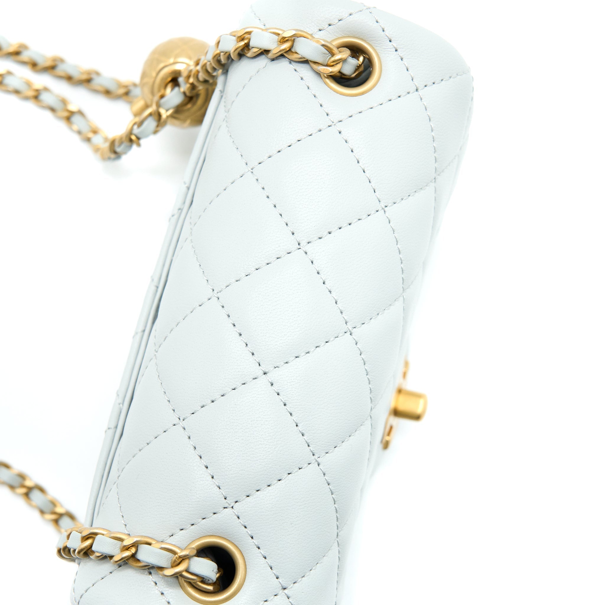 CHANEL 23C PEARL CRUSH MINI SQUARE LAMBSKIN LIGHT GREY GHW (MICROCHIP)