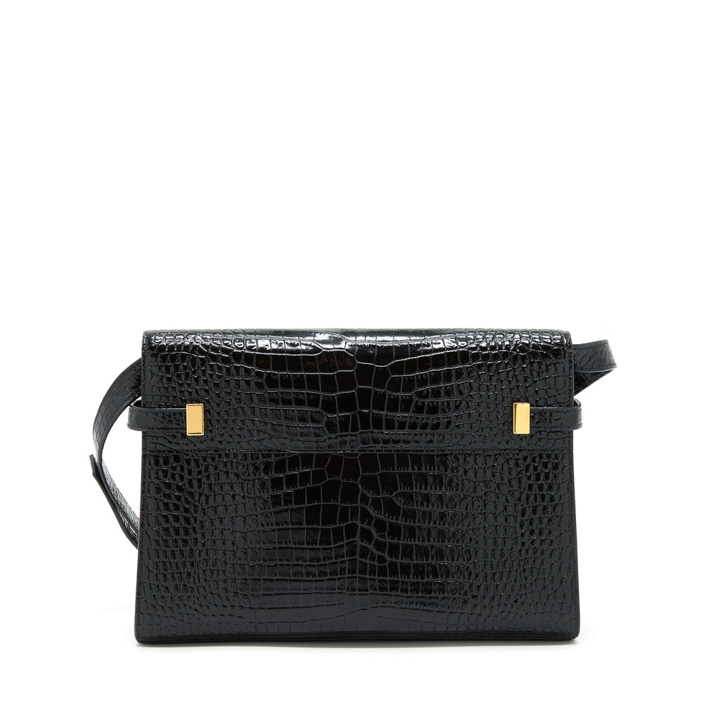 SAINT LAURENT/YSL MANHATTAN SHOULDER BAG SHINY CROC-EMBOSSED BLACK GHW