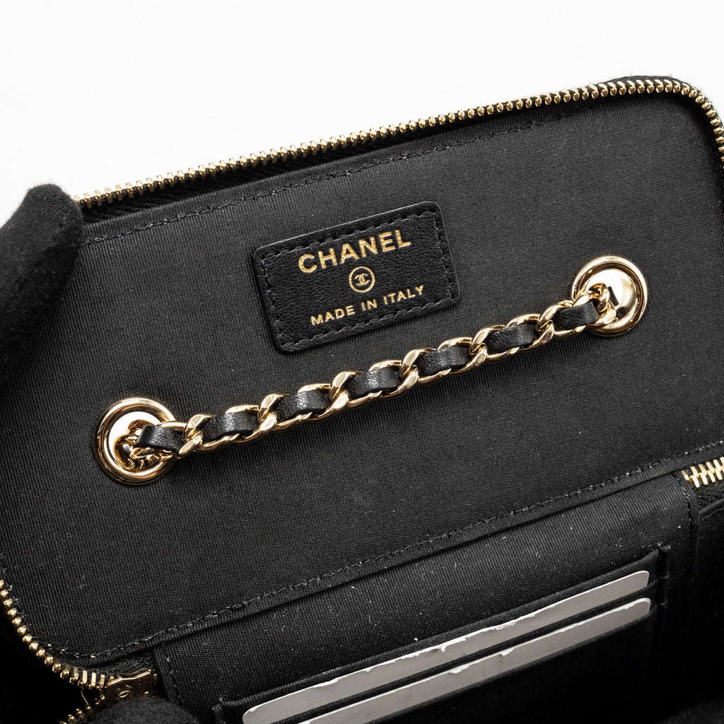 CHANEL LONG VANITY CASE BAG RAFFIA/CALFSKIN BLACK/BEIGE LGHW