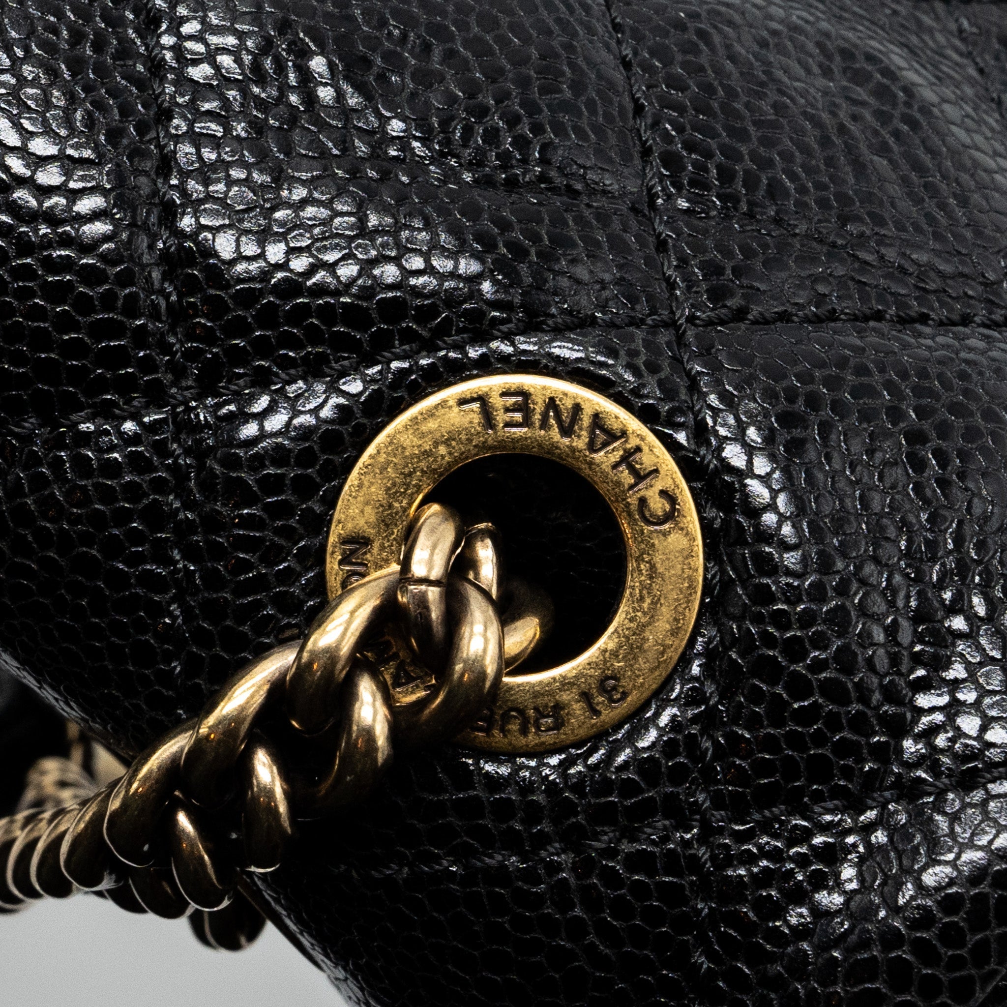 CHANEL LARGE FLAP BAG GRAINED CALFSKIN BLACK BRUSHED GHW