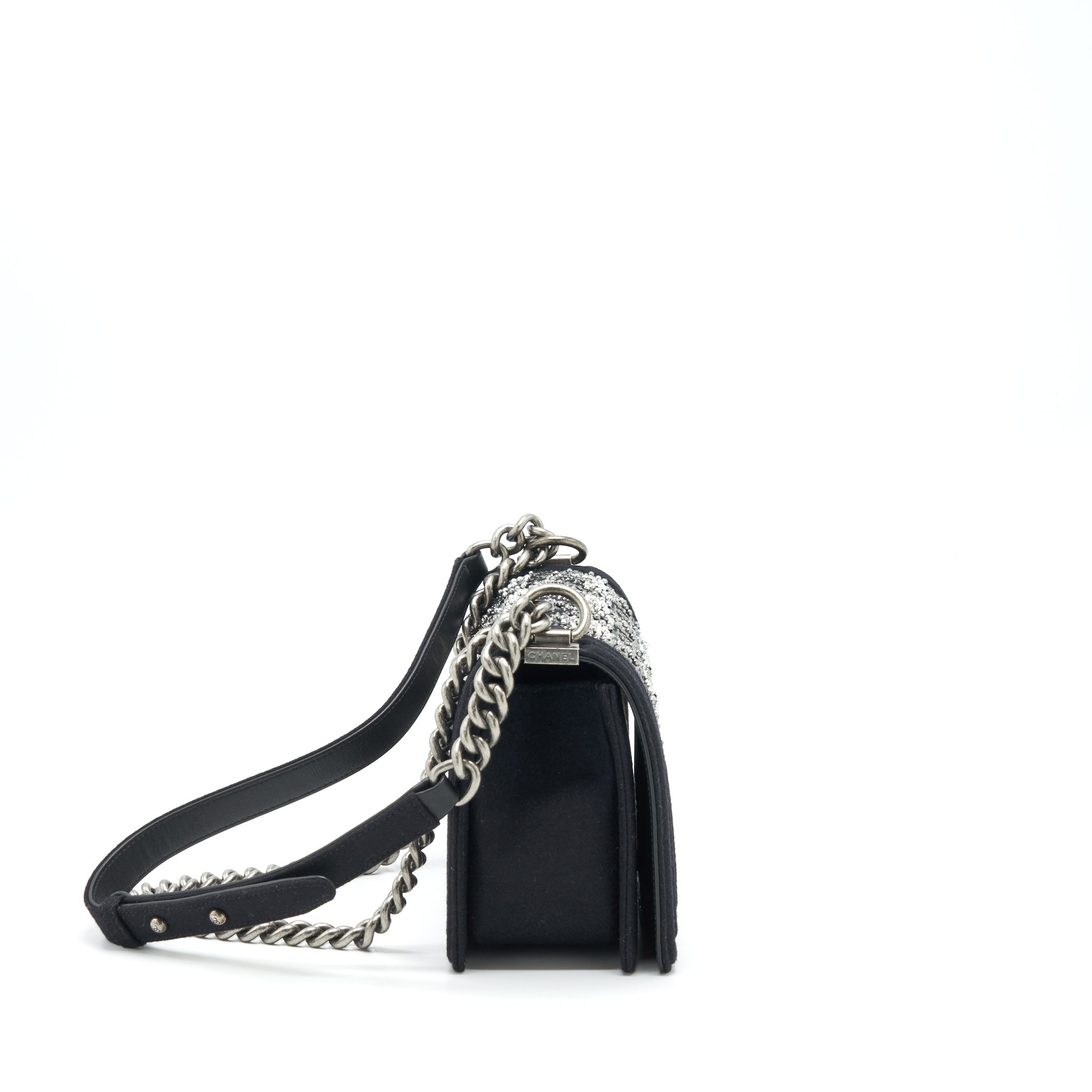 CHANEL 19B MEDIUM BOY FLAP BAG LIMITED EDITION FABRIC BLACK RUTHENIUM SILVER HARDWARE