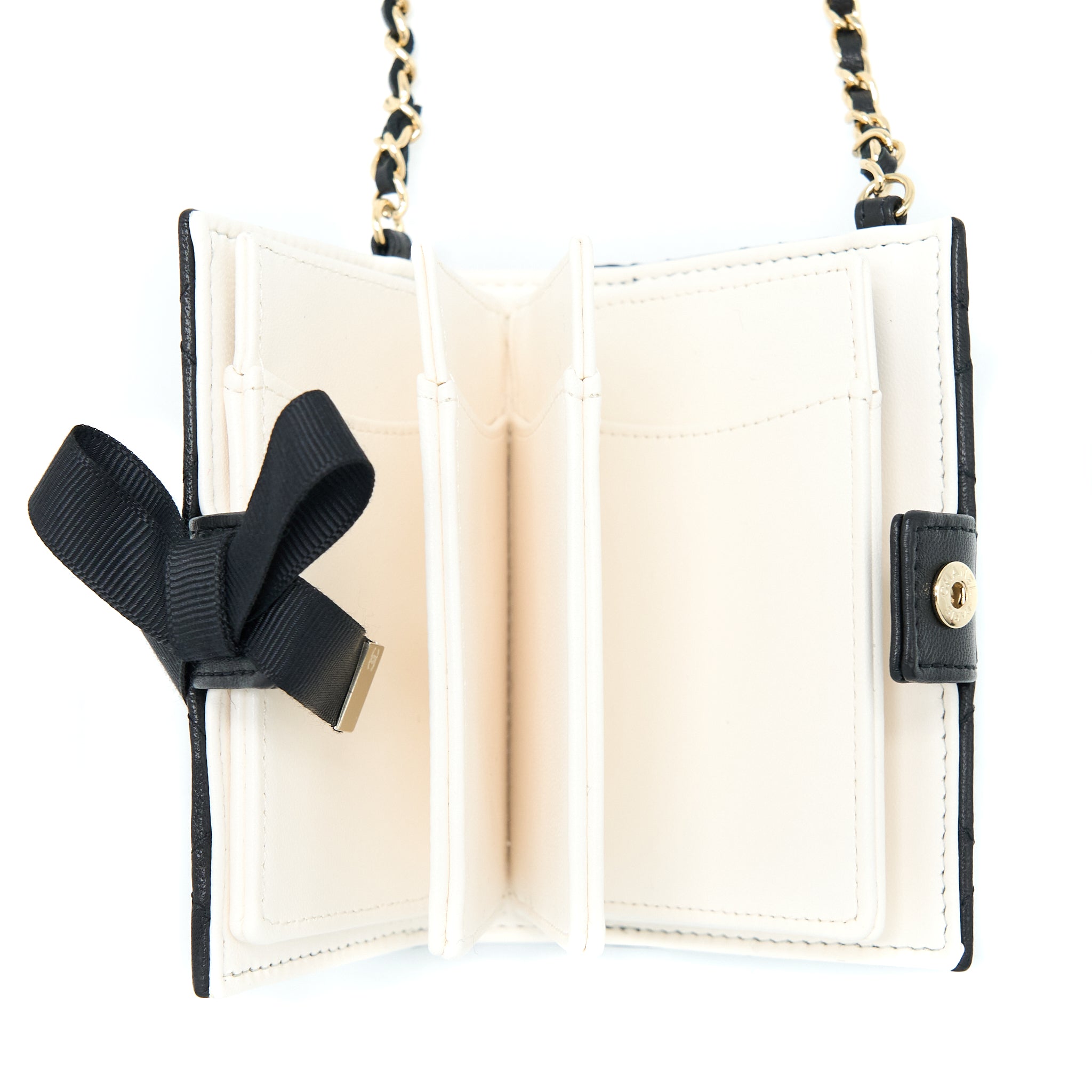 CHANEL 22B MINI BOOK CARD HOLDER WITH CHAINS LAMBSKIN BLACK LGHW
