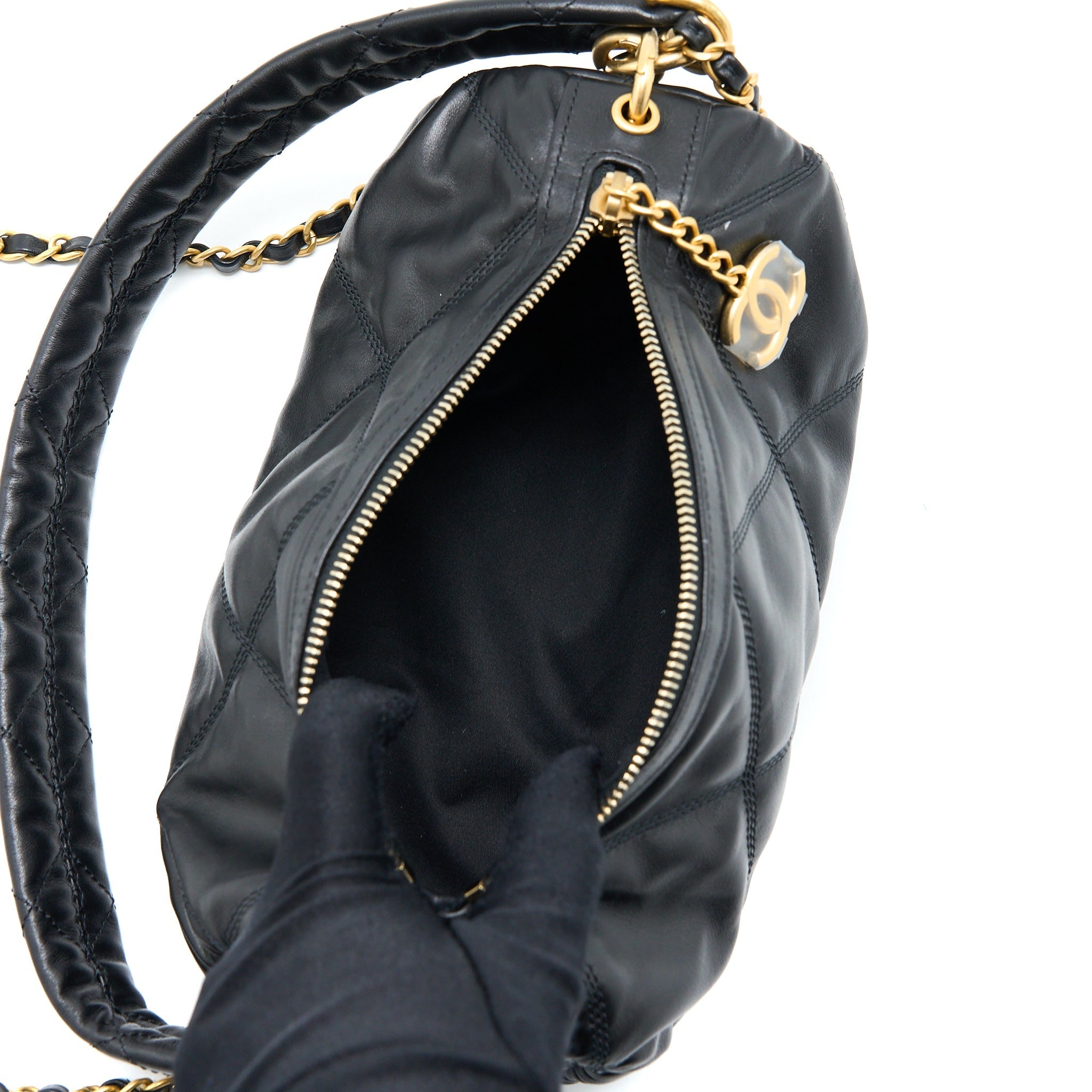 CHANEL MINI BOWLING BAG WITH CHAIN LAMBSKIN BLACK BRUSHED GHW (MICROCHIP)