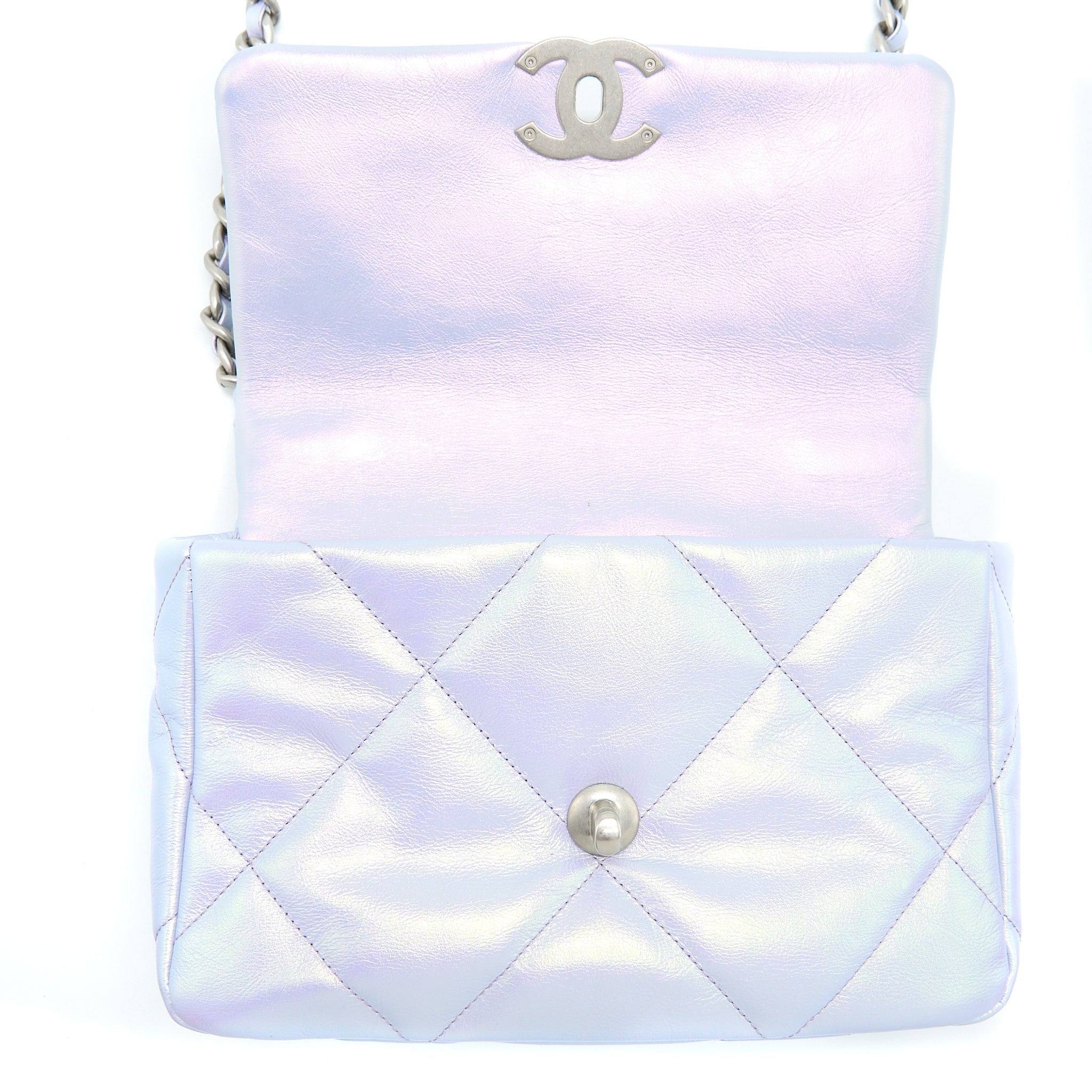 CHANEL SMALL 19 BAG GOATSKIN IRIDESCENT PURPLE MULTICOLOUR HARDWARE (MICROCHIP)