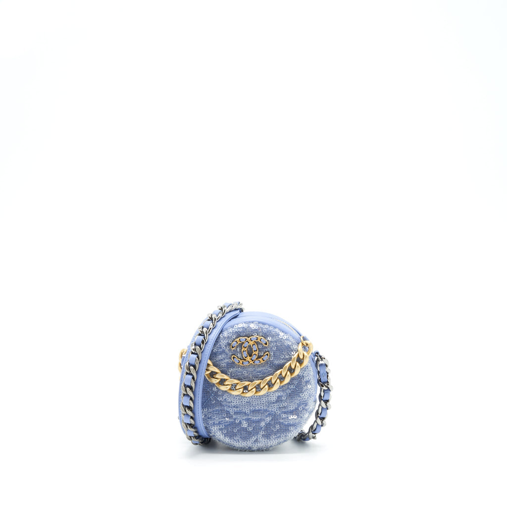 CHANEL 19 ROUND CLUTCH WITH CHAINS SEQUINS LIGHT BLUE MULTICOLOUR HARDWARE