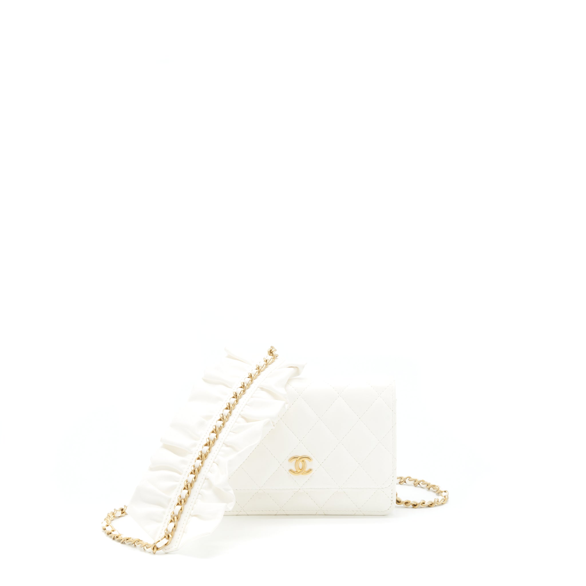 CHANEL RUFFLES MINI WALLET ON CHAINS WHITE GHW