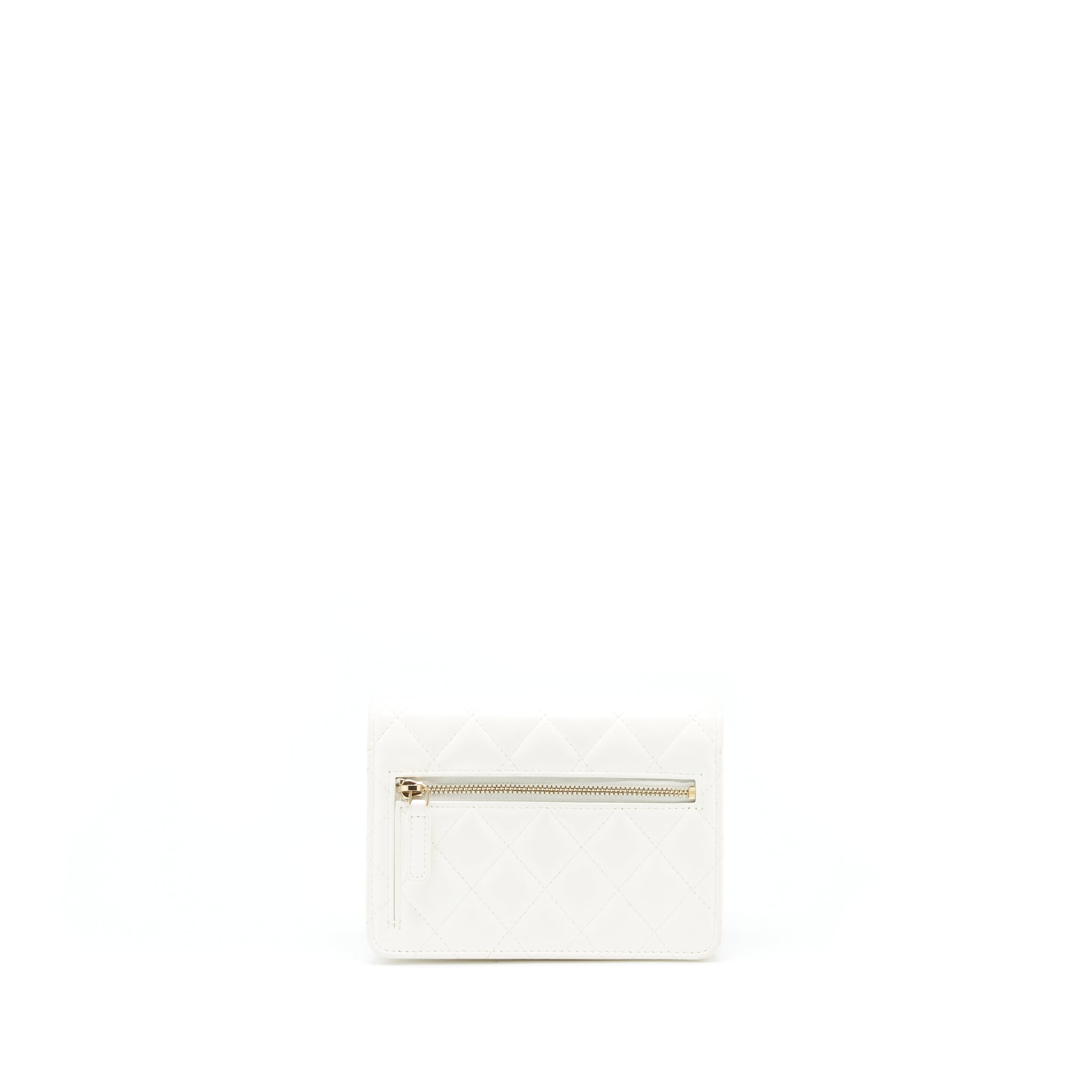CHANEL RUFFLES MINI WALLET ON CHAINS WHITE GHW