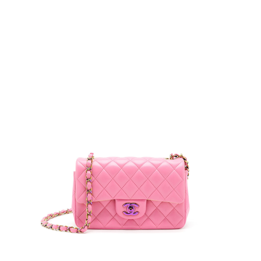 CHANEL MINI RECTANGULAR FLAP BAG LAMBSKIN PINK WITH RAINBOW HARDWARE