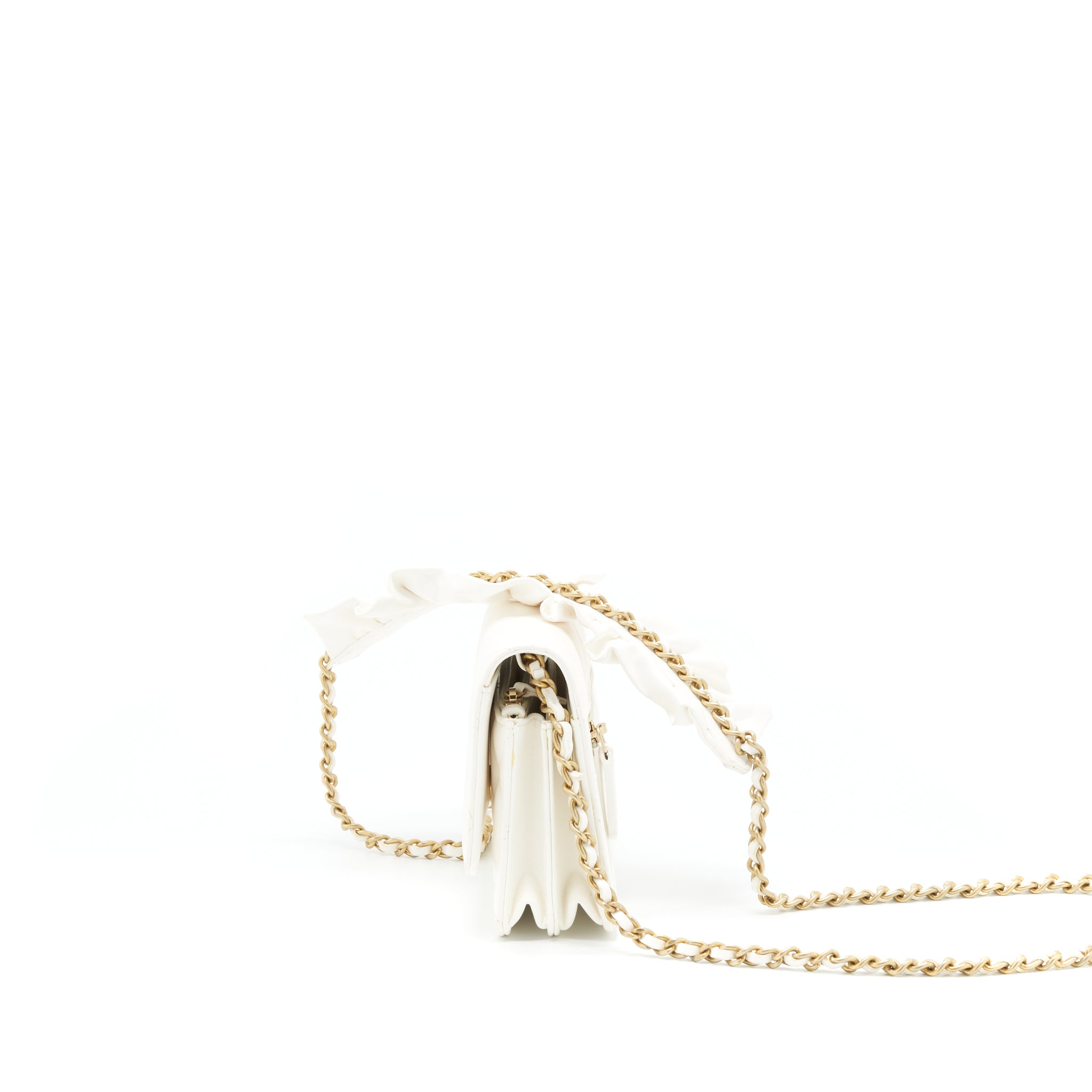 CHANEL RUFFLES MINI WALLET ON CHAINS WHITE GHW
